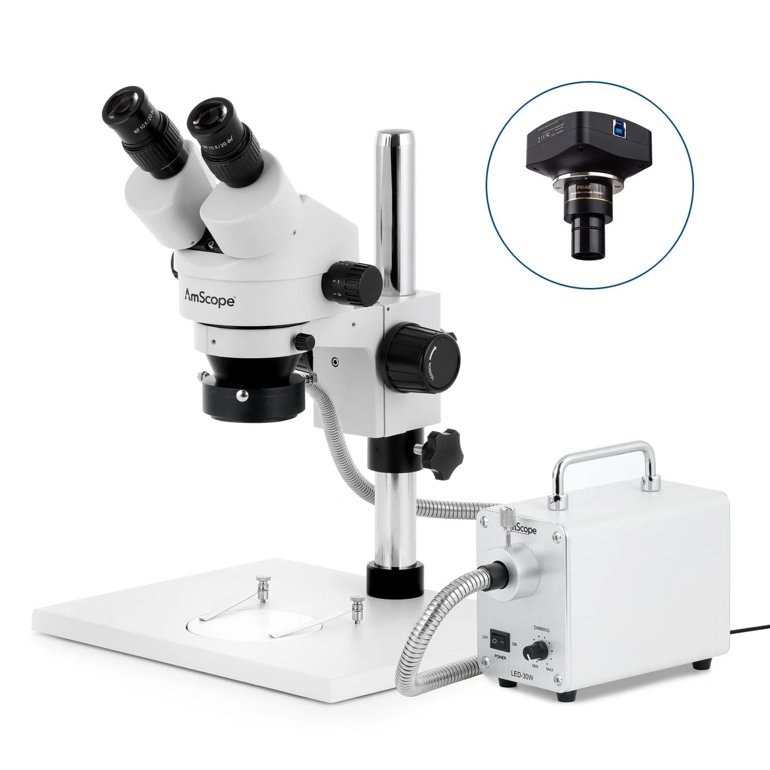 AmScope SM-1 Series Zoom Binocular Stereo Microscope with 30W LED Fiber Optic Ring Light on Pillar-stand with Large Base and Optional Digital Camera - Image 4