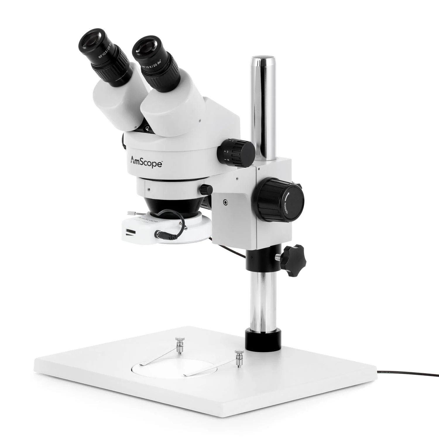 AmScope SM-1 Series Zoom Binocular Stereo Microscope with 64 LED Compact Ring Light on Pillar-stand with Large Base and Optional Digital Camera