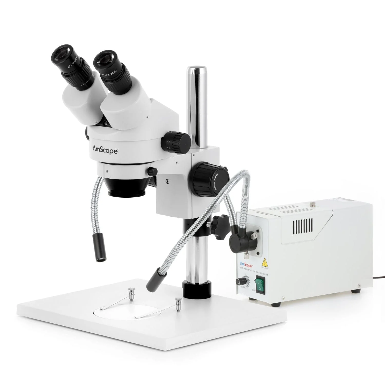 AmScope SM-1 Series Zoom Binocular Stereo Microscope with 150W Halogen Dual Gooseneck Lights on Pillar-stand with Large Base and Optional Digital Camera