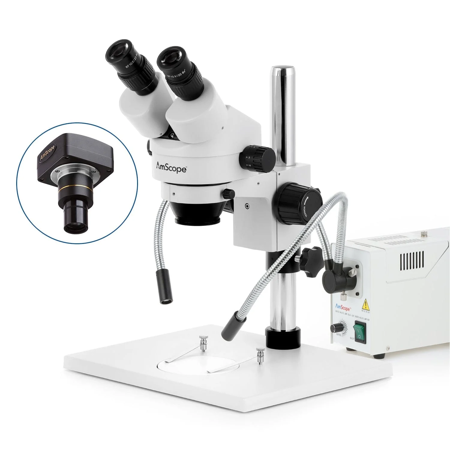 AmScope SM-1 Series Zoom Binocular Stereo Microscope with 150W Halogen Dual Gooseneck Lights on Pillar-stand with Large Base and Optional Digital Camera - Image 2
