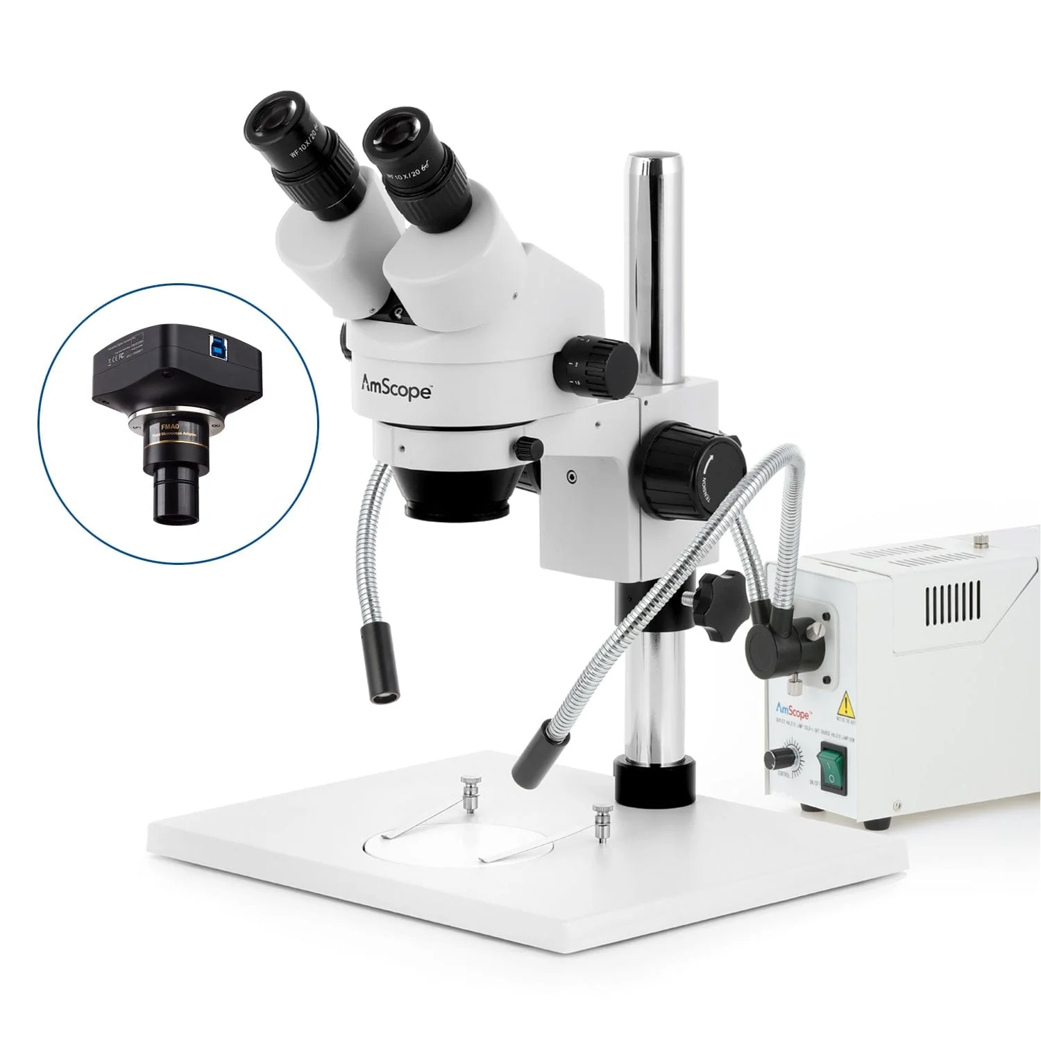 AmScope SM-1 Series Zoom Binocular Stereo Microscope with 150W Halogen Dual Gooseneck Lights on Pillar-stand with Large Base and Optional Digital Camera - Image 4