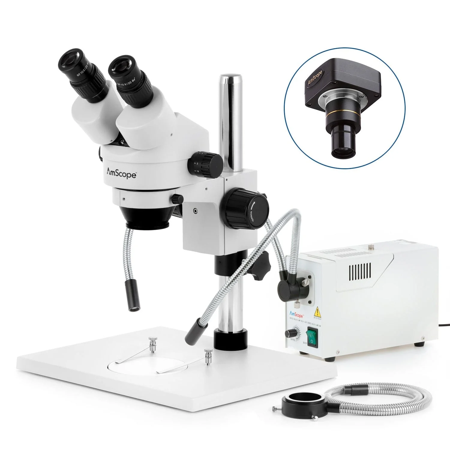 AmScope SM-1 Series Zoom Binocular Stereo Microscope with 150W Halogen Dual Gooseneck & Ring Lights on Pillar-stand with Large Base and Optional Digital Camera - Image 2