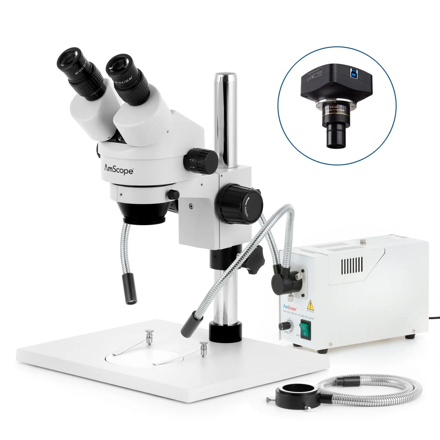 AmScope SM-1 Series Zoom Binocular Stereo Microscope with 150W Halogen Dual Gooseneck & Ring Lights on Pillar-stand with Large Base and Optional Digital Camera - Image 4