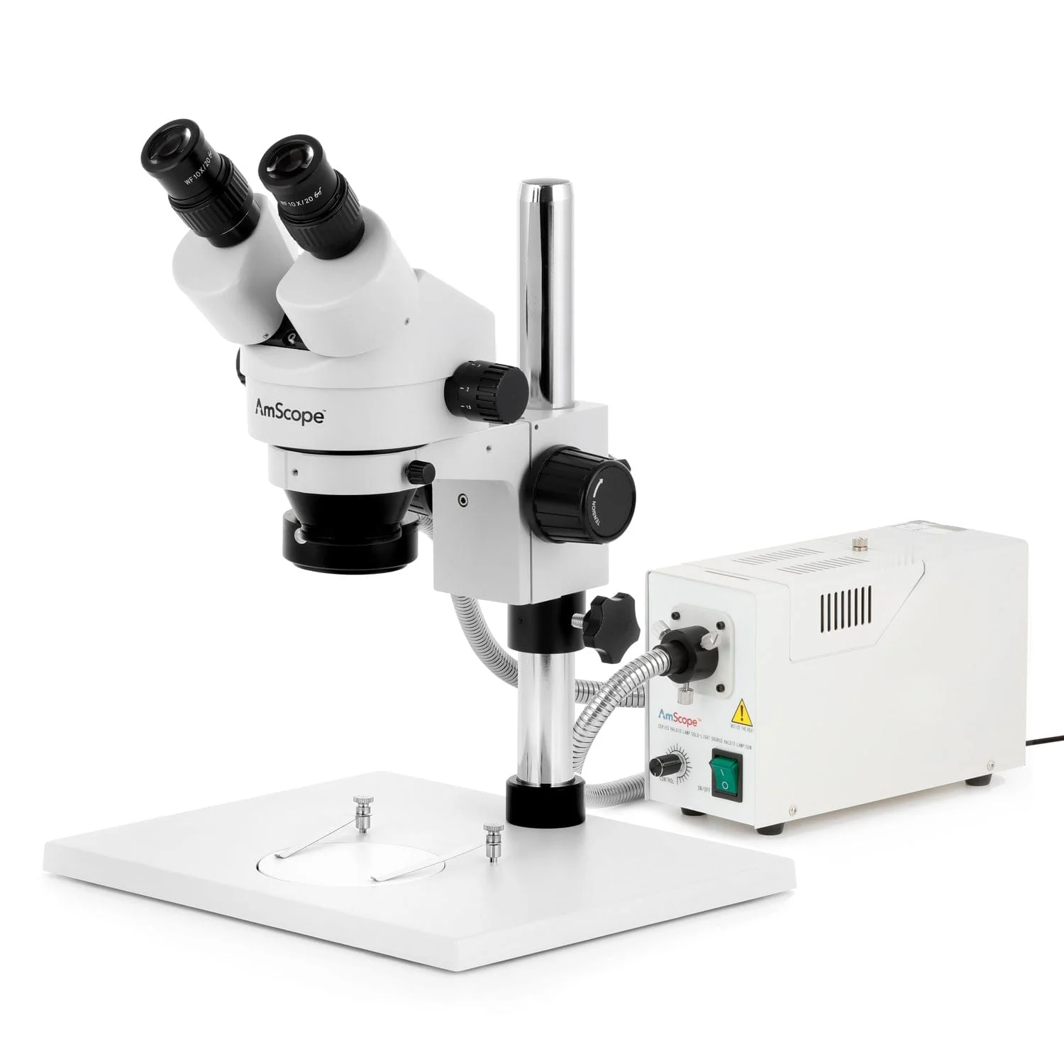 AmScope SM-1 Series Zoom Binocular Stereo Microscope with 150W Halogen Ring Light on Pillar-stand with Large Base and Optional Digital Camera