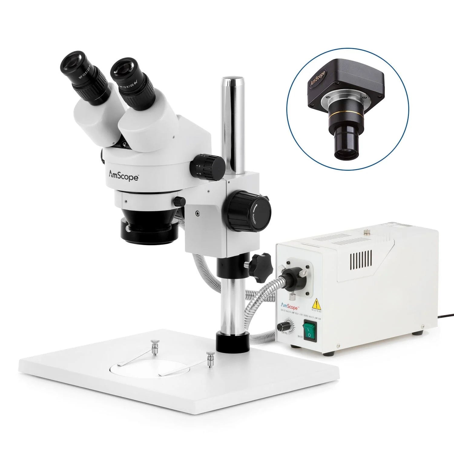 AmScope SM-1 Series Zoom Binocular Stereo Microscope with 150W Halogen Ring Light on Pillar-stand with Large Base and Optional Digital Camera - Image 2