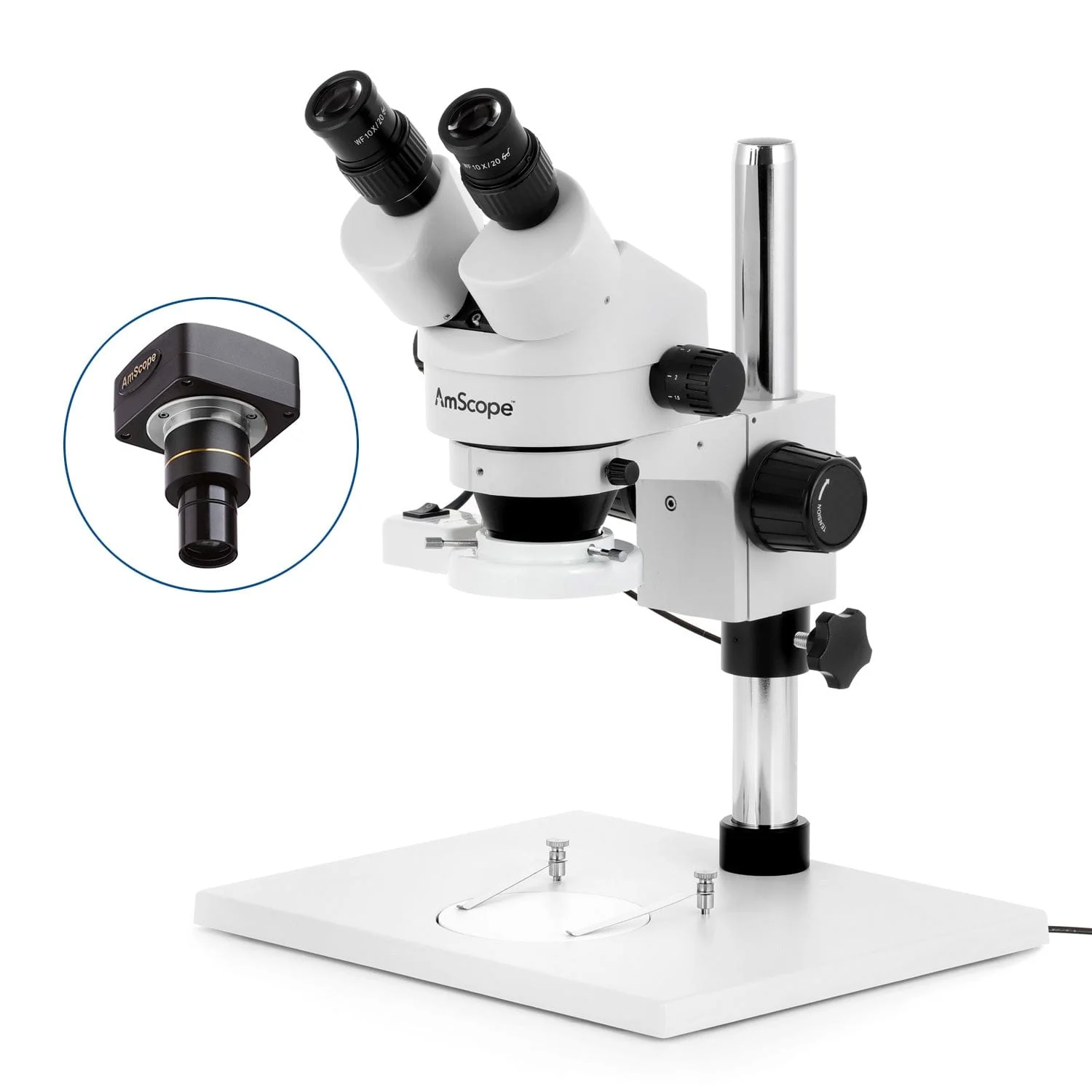 AmScope SM-1 Series Zoom Binocular Stereo Microscope with 8W Fluorescent Ring Light on Pillar-stand with Large Base and Optional Digital Camera - Image 2