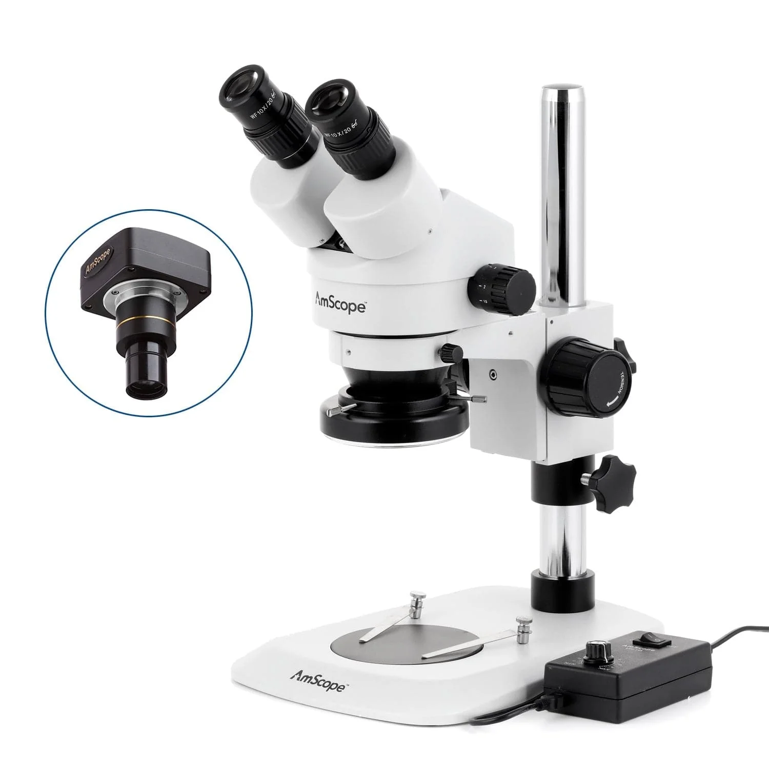 AmScope SM-1 Series Zoom Binocular Stereo Microscope with 144 LED Ring Light and Optional Digital Camera on Compact Pillar Stand - Image 2