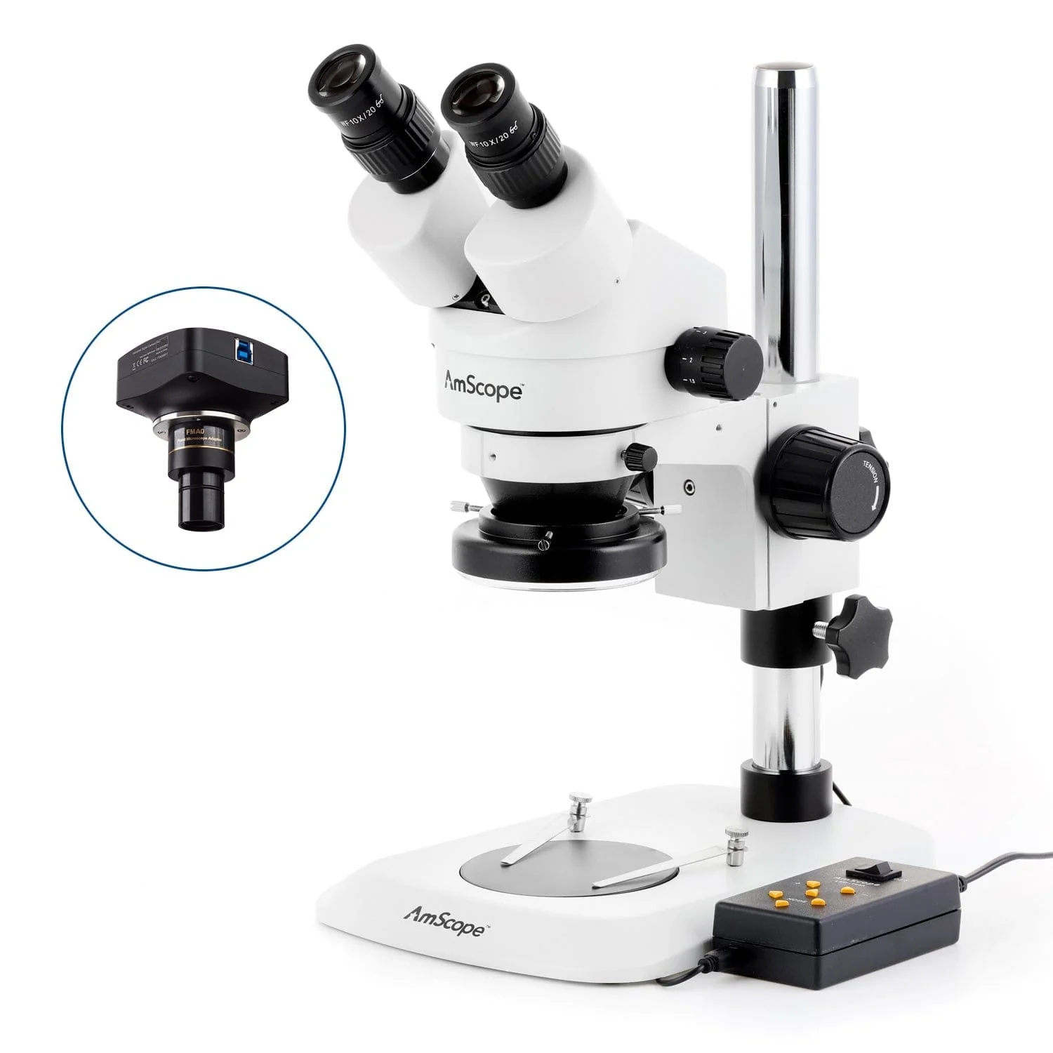 AmScope SM-1 Series Zoom Binocular Stereo Microscope with Multi-Zone 144 LED and Optional Digital Camera on Compact Pillar Stand - Image 4