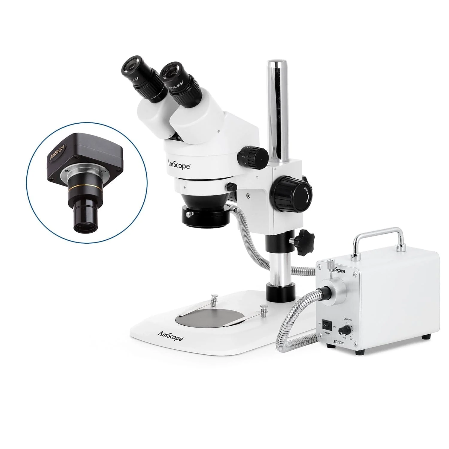 AmScope SM-1 Series Zoom Binocular Stereo Microscope with 30W LED Fiber Optic Ring Light and Optional Digital Camera on Compact Pillar Stand - Image 2