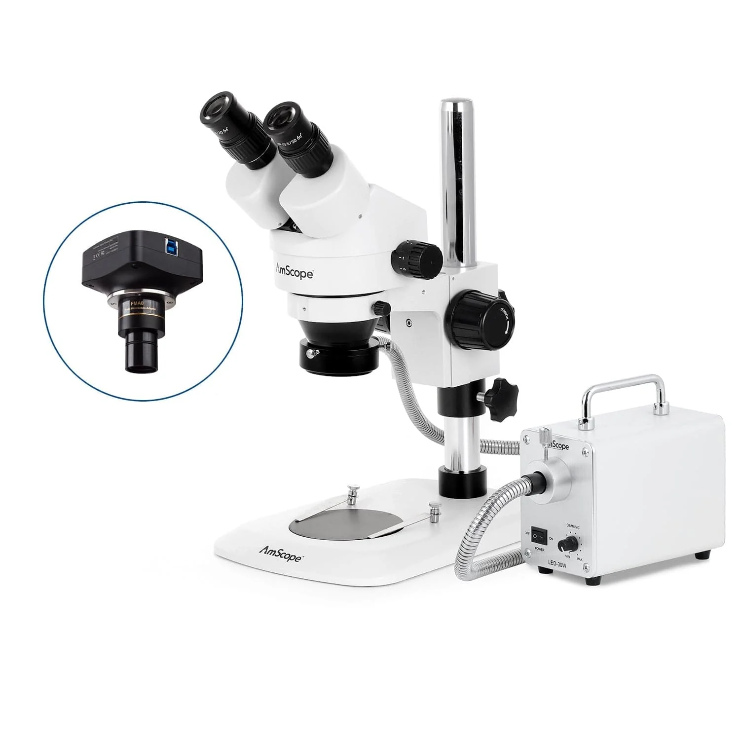 AmScope SM-1 Series Zoom Binocular Stereo Microscope with 30W LED Fiber Optic Ring Light and Optional Digital Camera on Compact Pillar Stand - Image 4