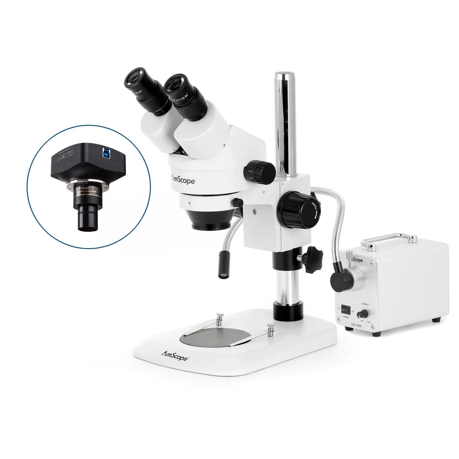 AmScope SM-1 Series Zoom Binocular Stereo Microscope with 30W LED Single Fiber Optic Gooseneck Light and Optional Digital Camera on Compact Pillar Stand - Image 4