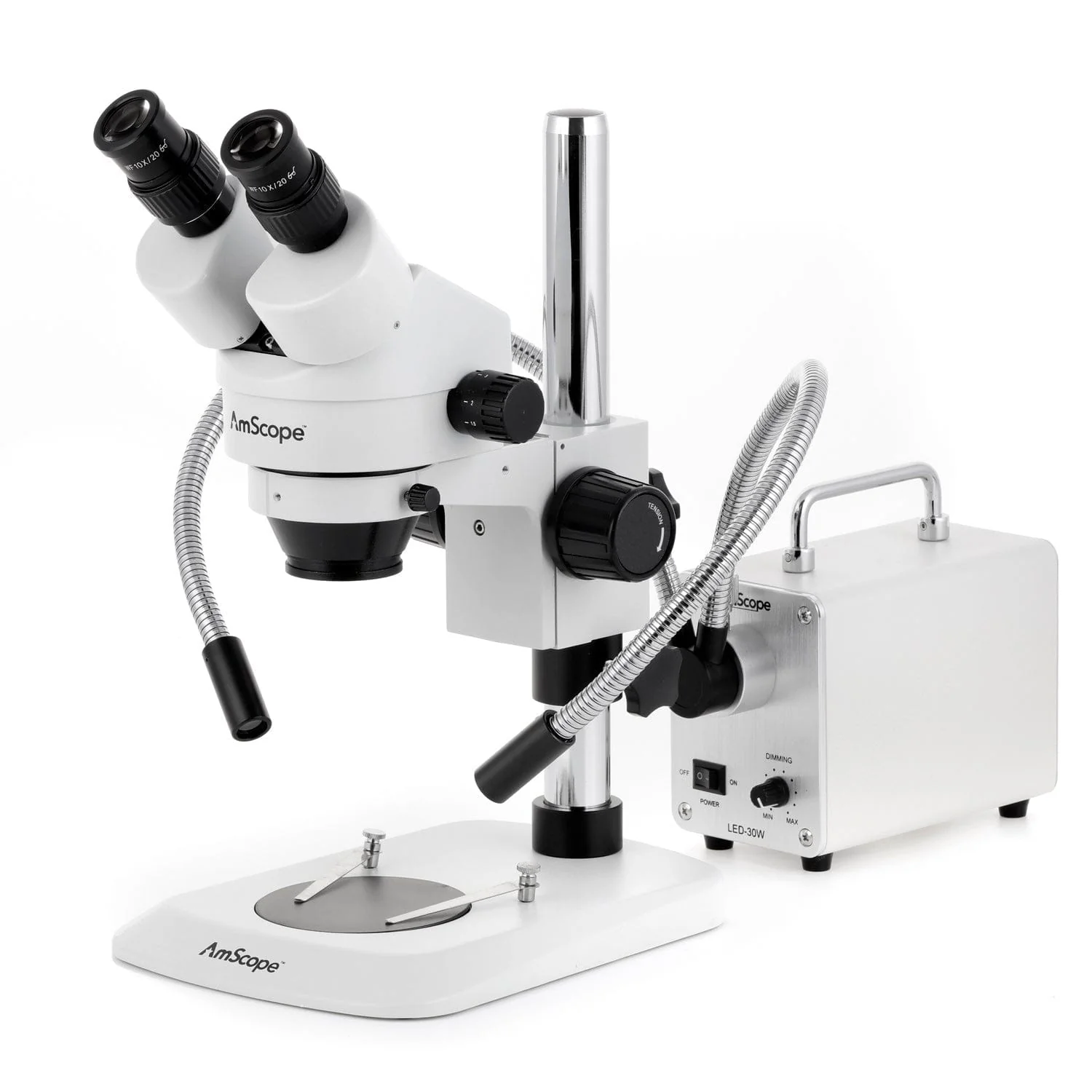 AmScope SM-1 Series Zoom Binocular Stereo Microscope with 30W LED Dual Gooseneck Fiber Optic Lights and Optional Digital Camera on Compact Pillar Stand