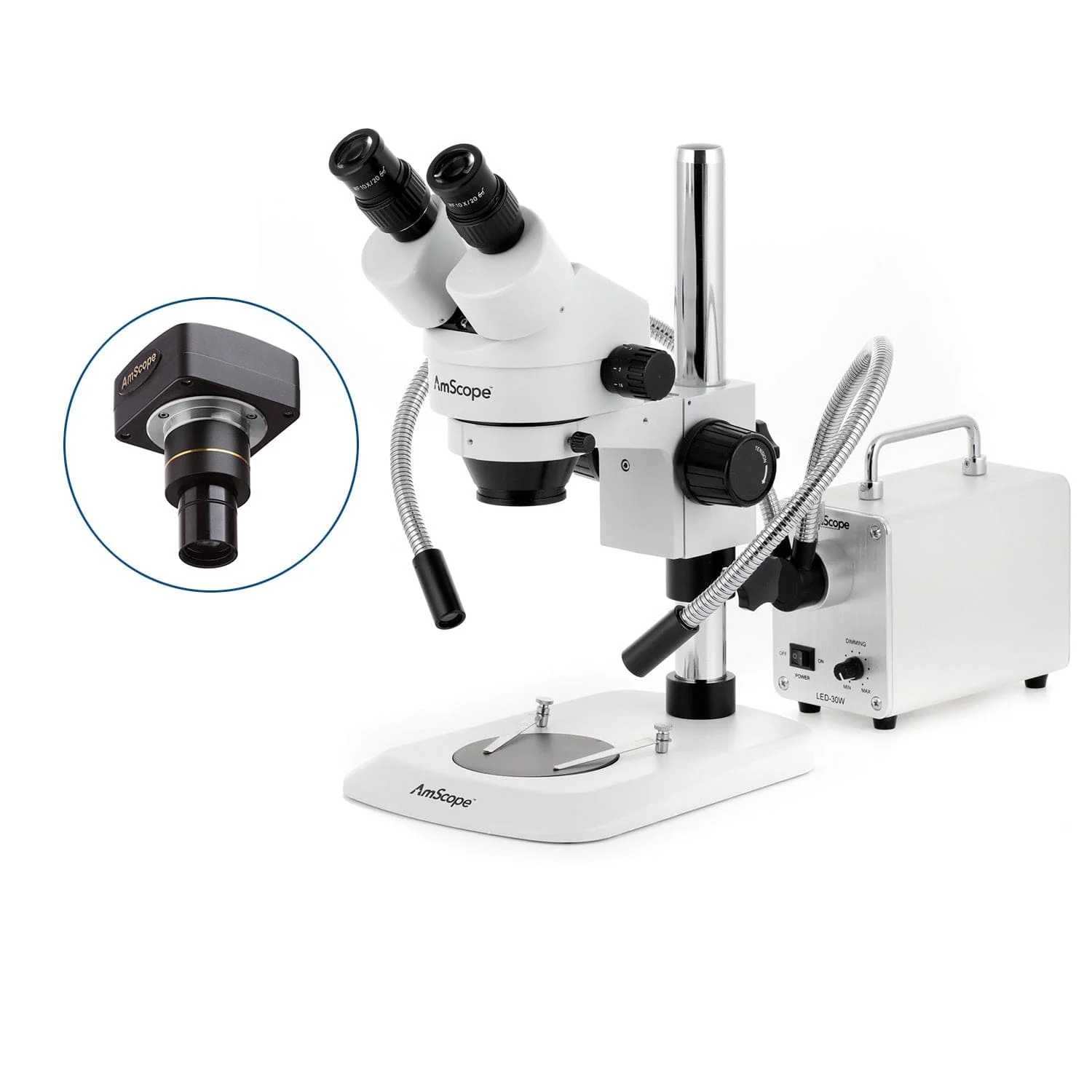 AmScope SM-1 Series Zoom Binocular Stereo Microscope with 30W LED Dual Gooseneck Fiber Optic Lights and Optional Digital Camera on Compact Pillar Stand - Image 2