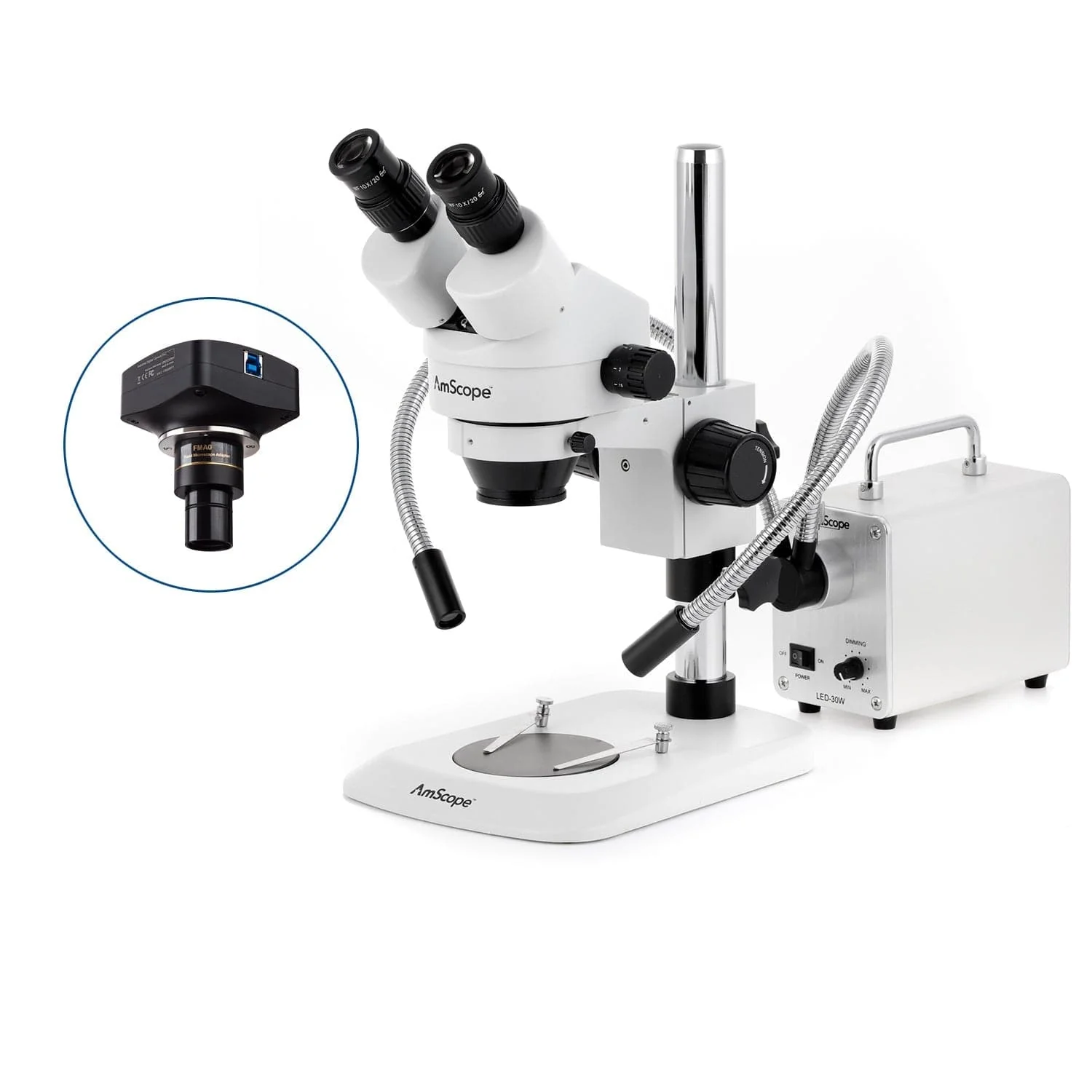 AmScope SM-1 Series Zoom Binocular Stereo Microscope with 30W LED Dual Gooseneck Fiber Optic Lights and Optional Digital Camera on Compact Pillar Stand - Image 4