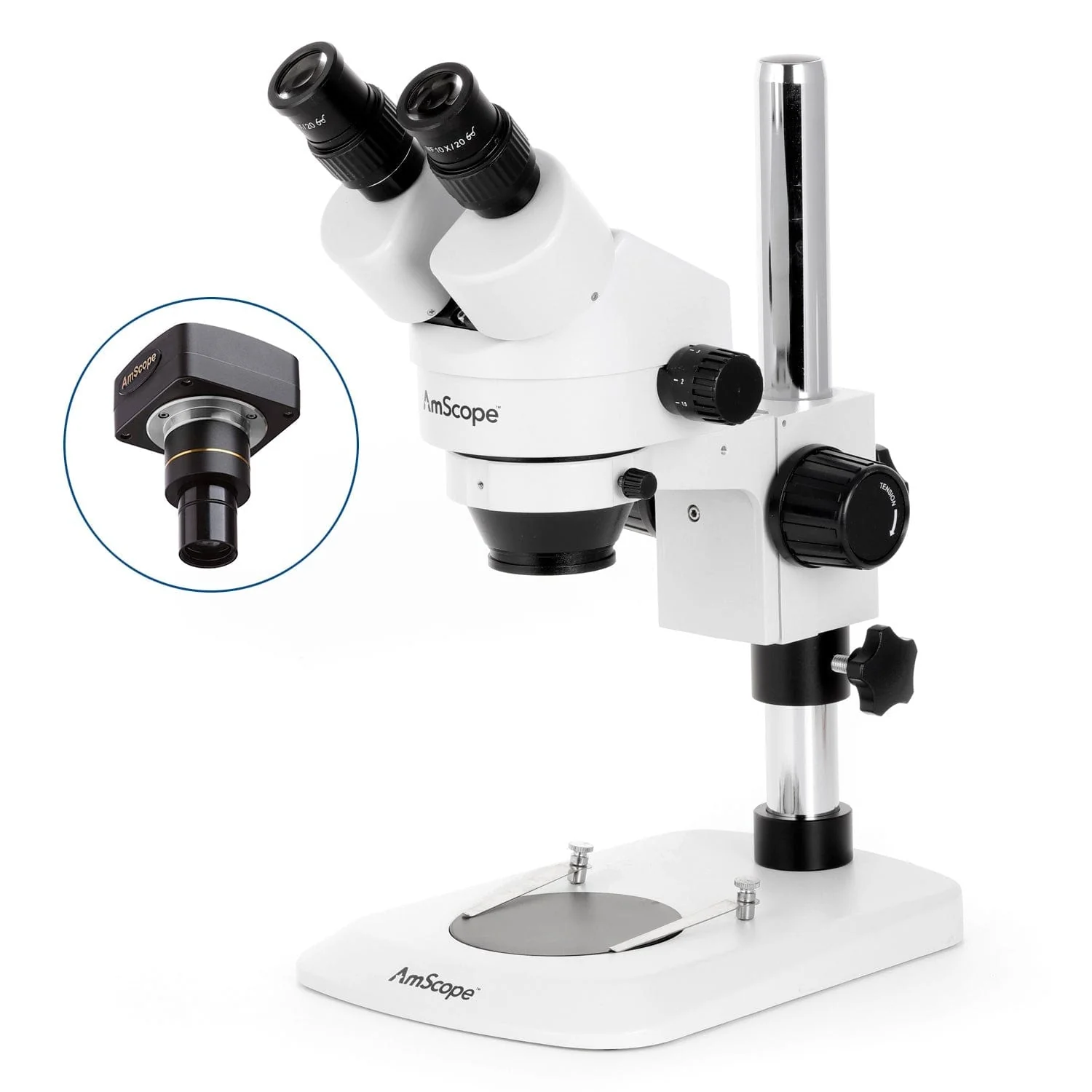AmScope SM-1 Series Zoom Binocular Stereo Microscope with 64 LED Compact Ring Light and Optional Digital Camera on Compact Pillar Stand - Image 2