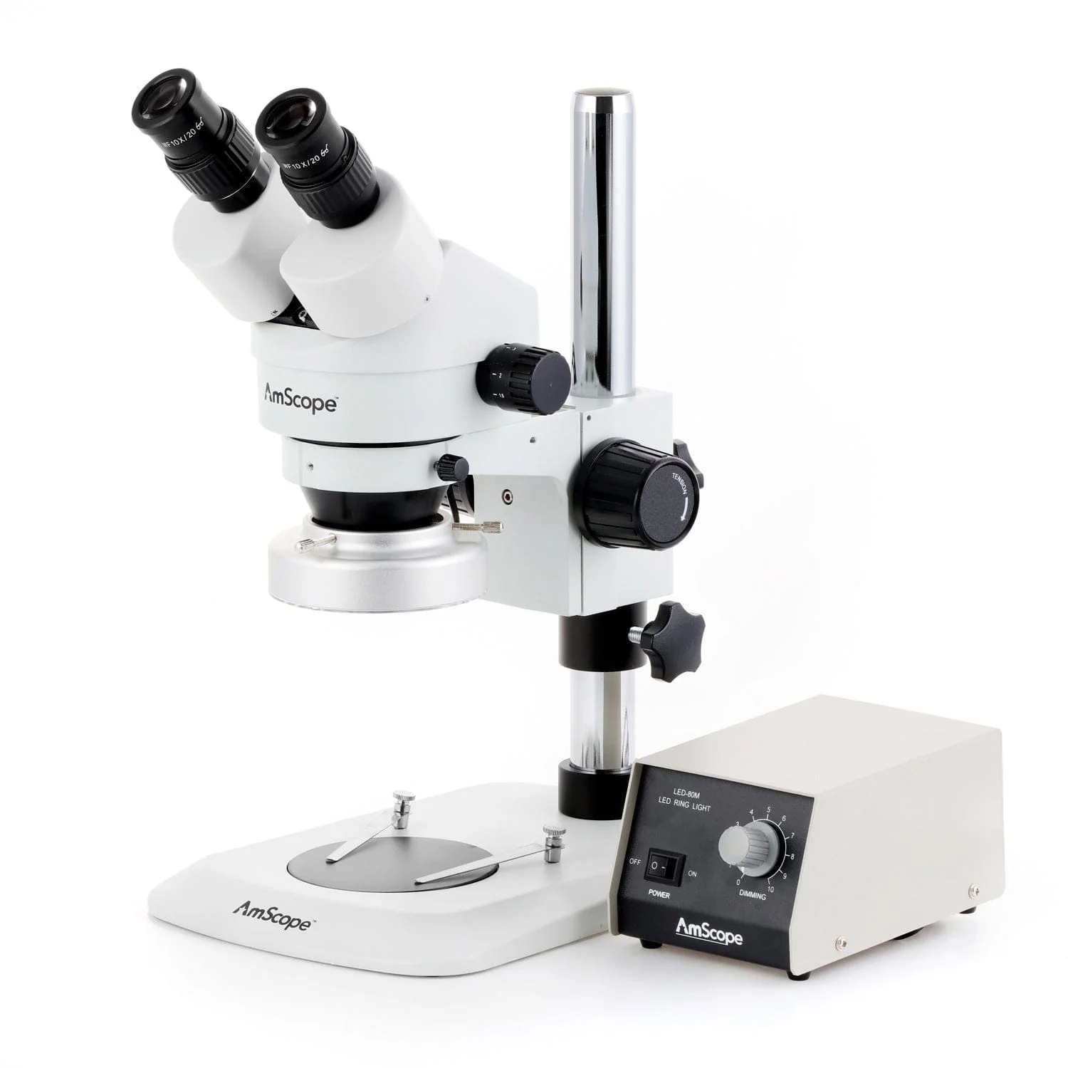 AmScope SM-1 Series Zoom Binocular Stereo Microscope with Heavy Duty 80 LED Ring Light and Optional Digital Camera on Compact Pillar Stand