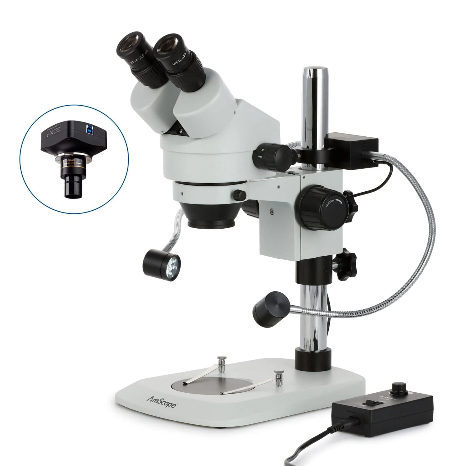 AmScope SM-1B Series Binocular Stereo Zoom Binocular Microscope 7X-45X Magnification with 8W LED Dual Gooseneck Illuminator + Optional Digital Camera on Compact Pillar Stand - Image 2