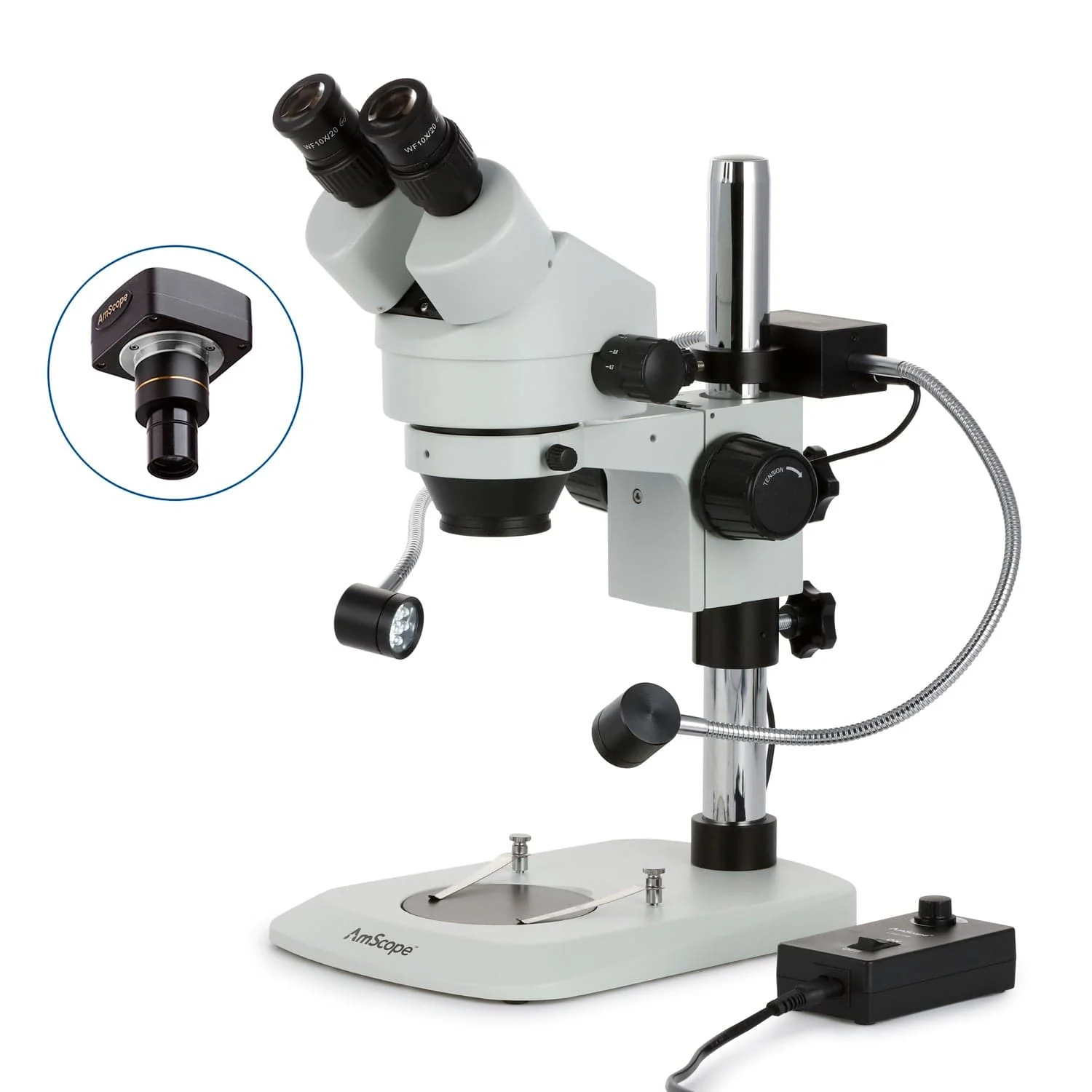 AmScope SM-1B Series Binocular Stereo Zoom Binocular Microscope 7X-45X Magnification with 8W LED Dual Gooseneck Illuminator + Optional Digital Camera on Compact Pillar Stand - Image 3