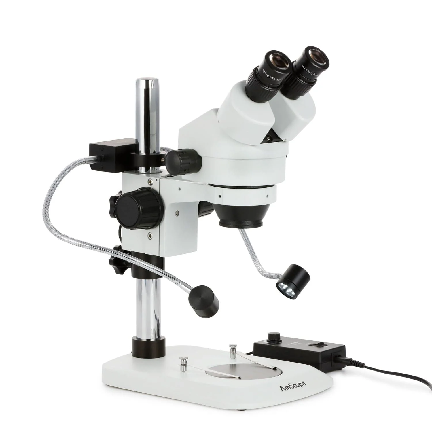 AmScope SM-1B Series Binocular Stereo Zoom Binocular Microscope 7X-45X Magnification with 8W LED Dual Gooseneck Illuminator + Optional Digital Camera on Compact Pillar Stand - Image 4
