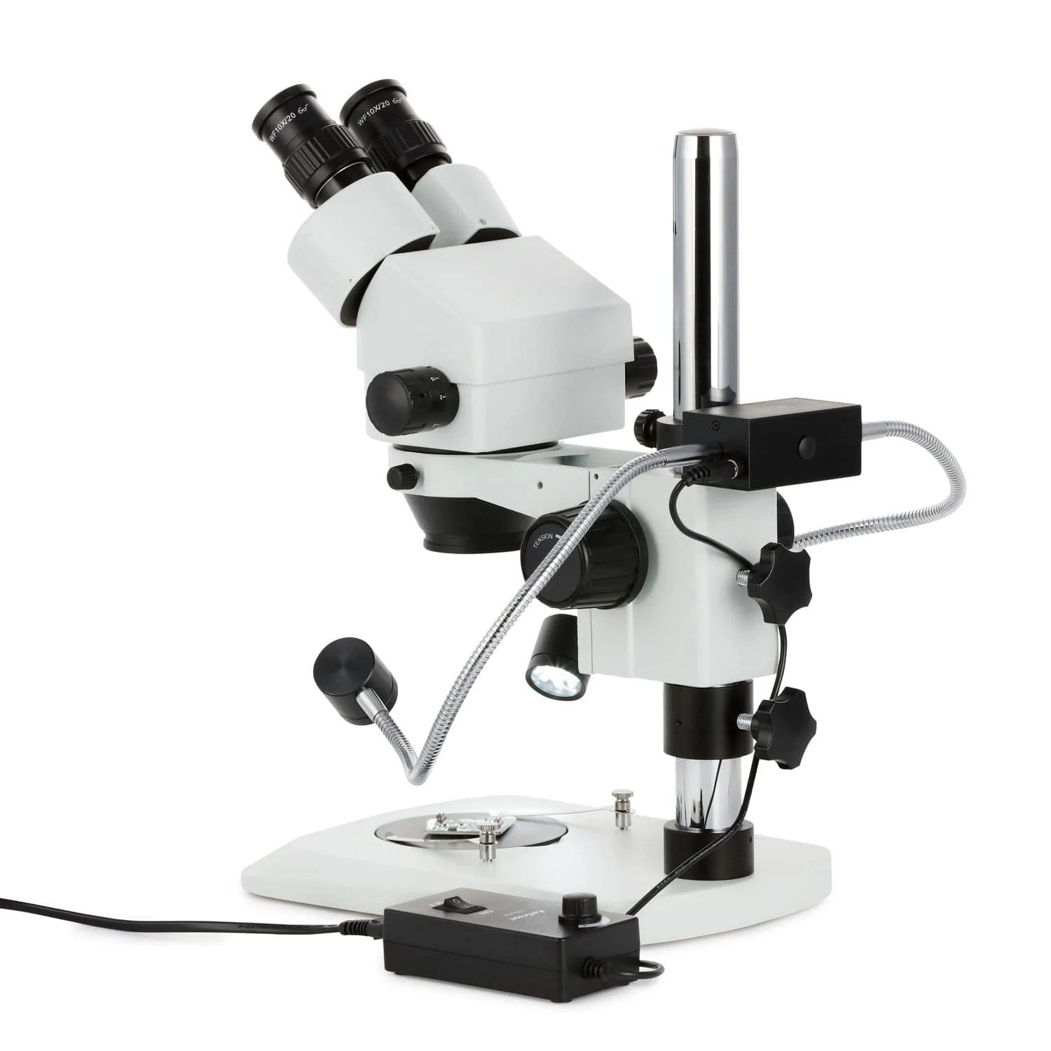 AmScope SM-1B Series Binocular Stereo Zoom Binocular Microscope 7X-45X Magnification with 8W LED Dual Gooseneck Illuminator + Optional Digital Camera on Compact Pillar Stand - Image 5