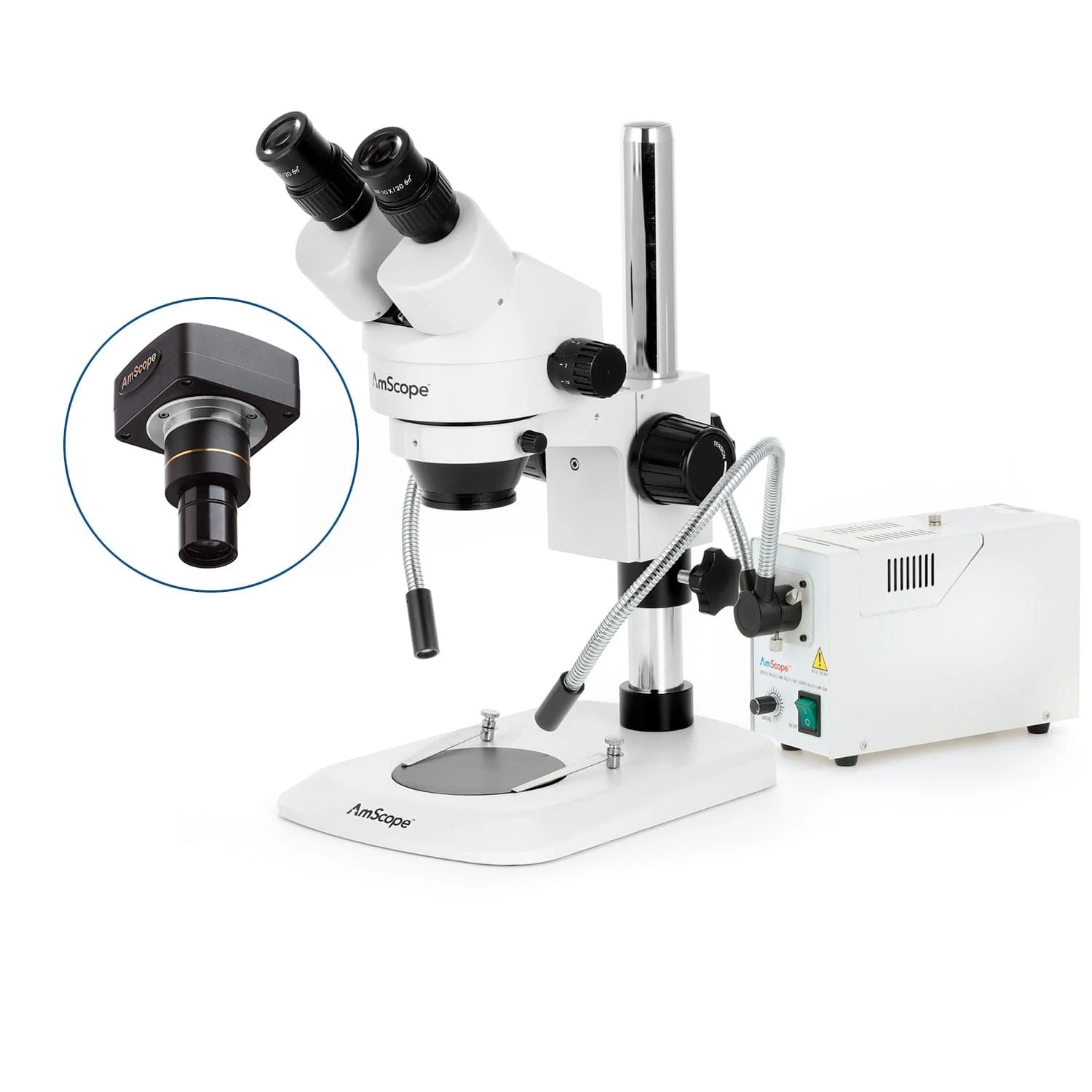 AmScope SM-1 Series Zoom Binocular Stereo Microscope with 150W Halogen Dual Fiber Gooseneck Lights and Optional Digital Camera on Compact Pillar Stand - Image 2