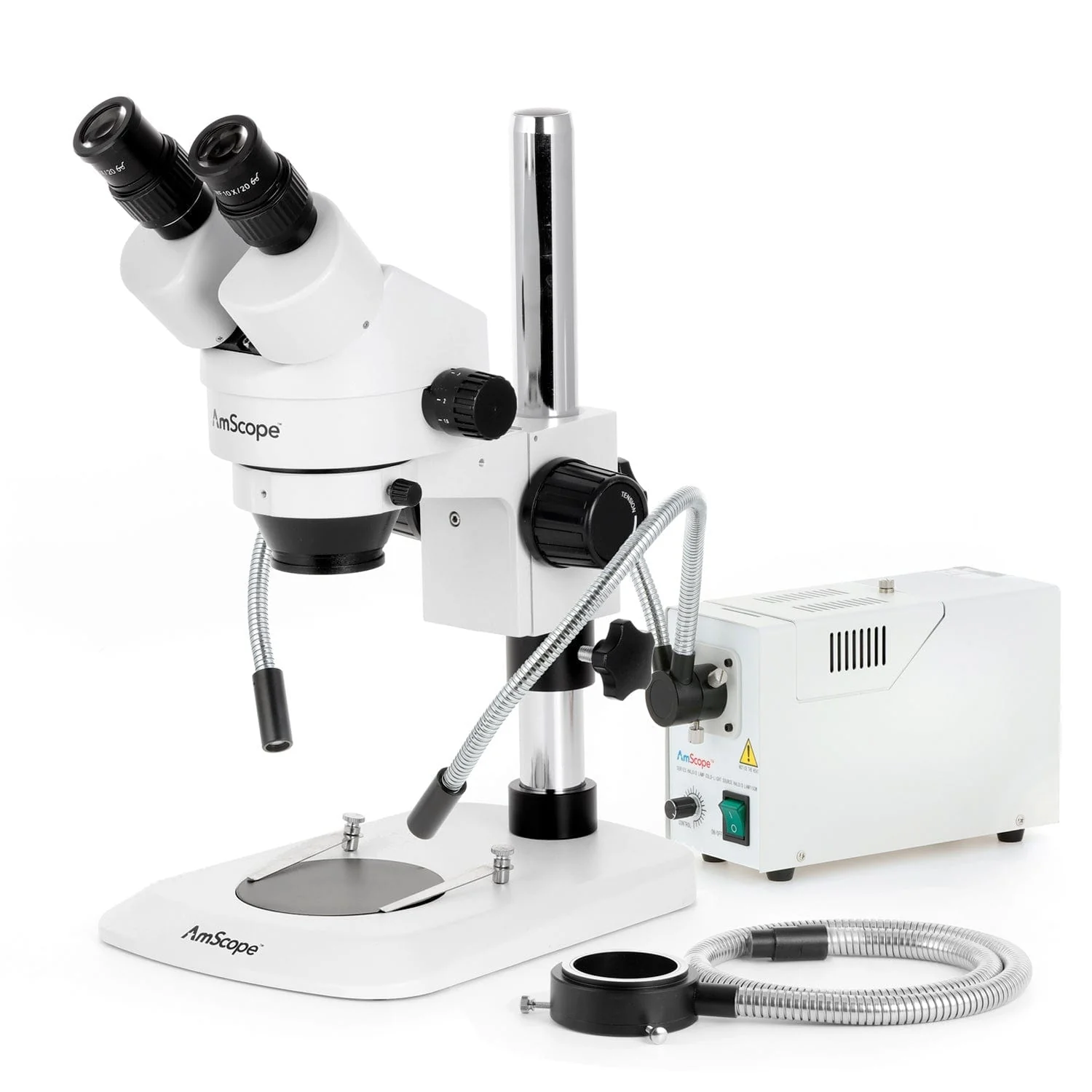AmScope SM-1 Series Zoom Binocular Stereo Microscope with 150W Halogen Dual Gooseneck & Ring Lights and Optional Digital Camera on Compact Pillar Stand