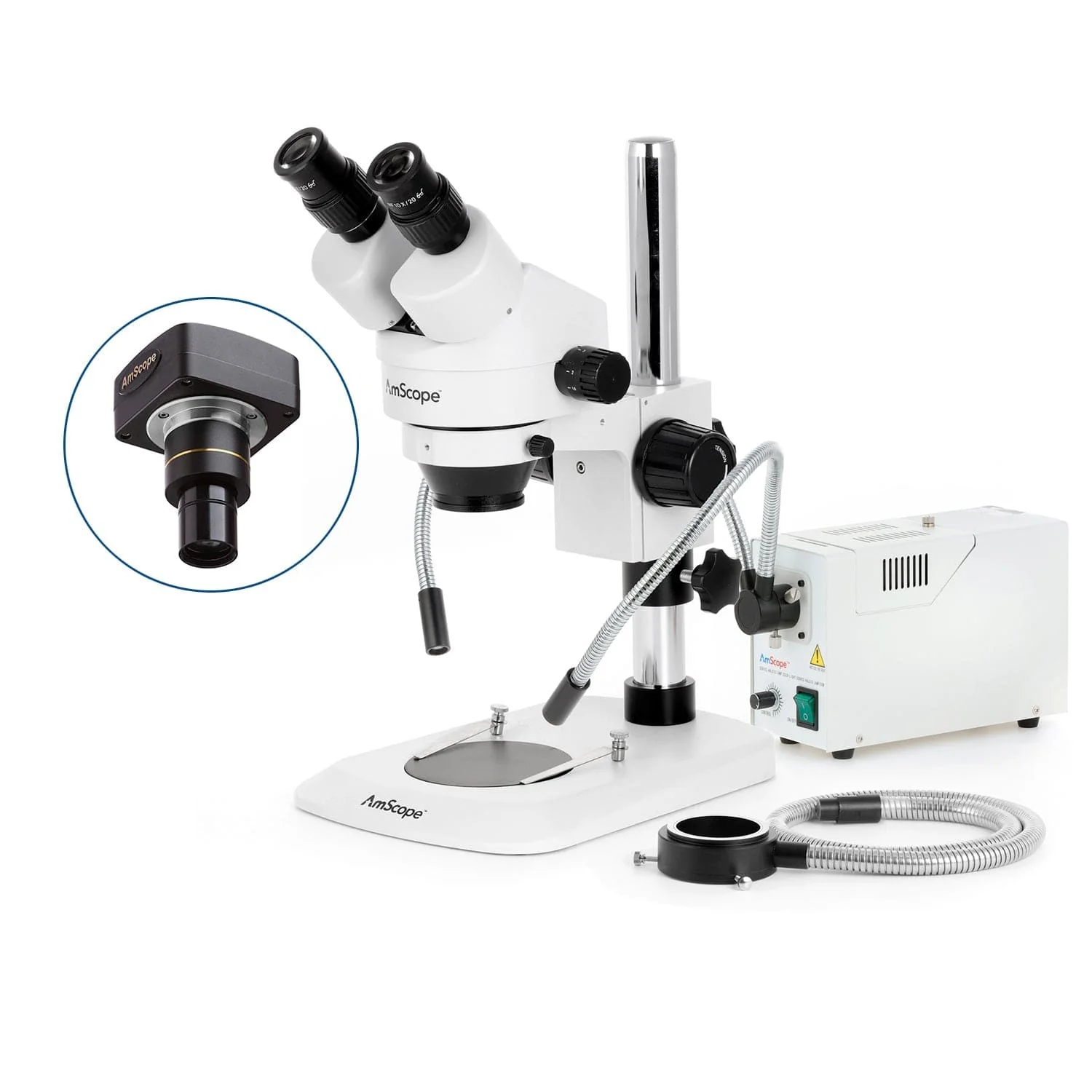 AmScope SM-1 Series Zoom Binocular Stereo Microscope with 150W Halogen Dual Gooseneck & Ring Lights and Optional Digital Camera on Compact Pillar Stand - Image 2