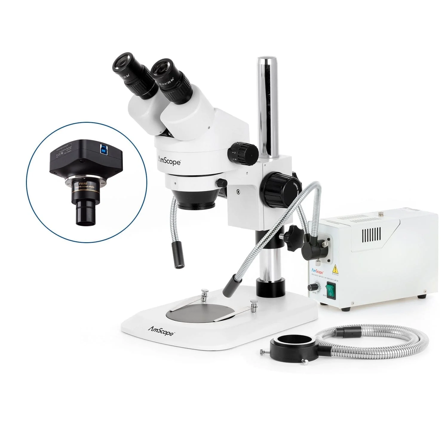 AmScope SM-1 Series Zoom Binocular Stereo Microscope with 150W Halogen Dual Gooseneck & Ring Lights and Optional Digital Camera on Compact Pillar Stand - Image 4