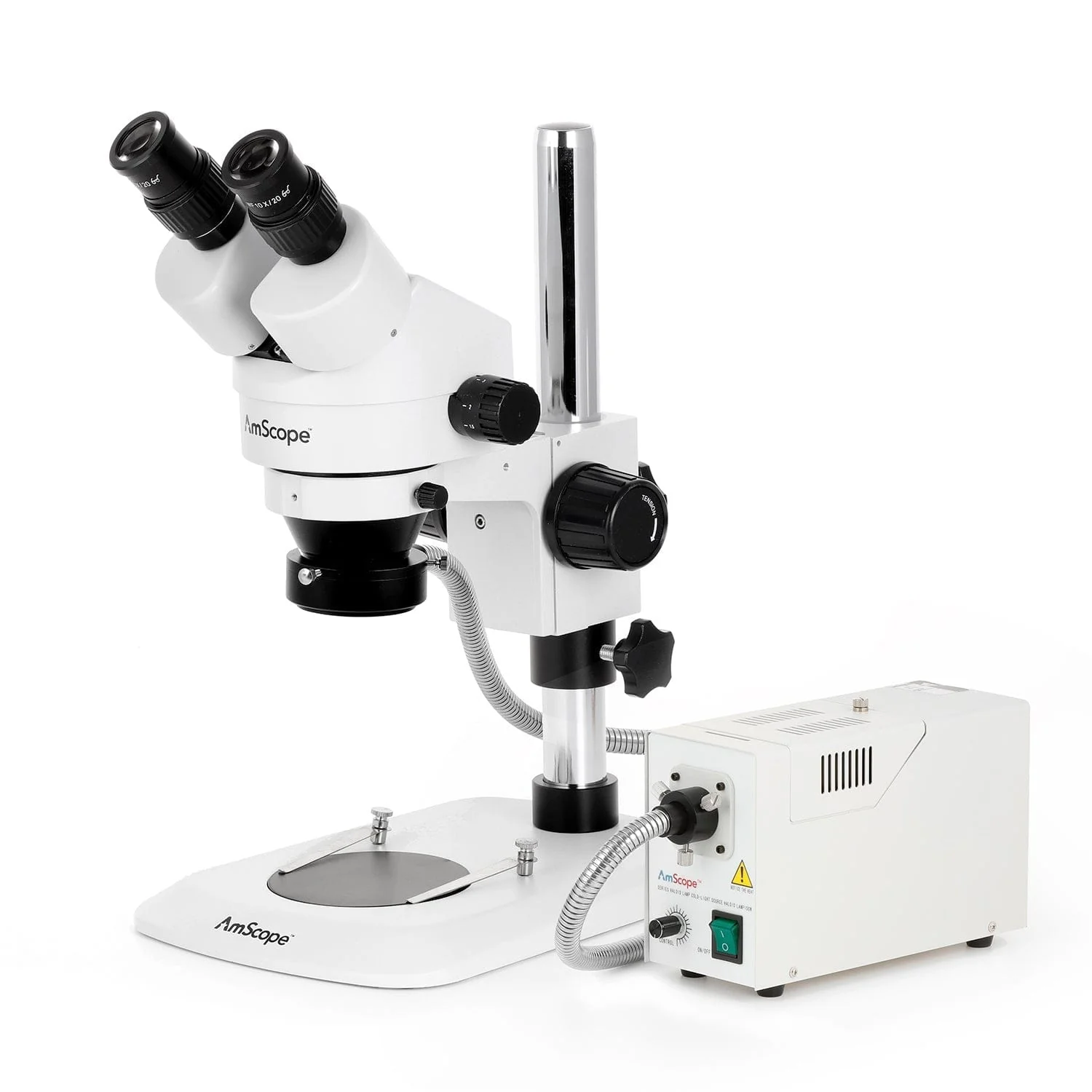 AmScope SM-1 Series Zoom Binocular Stereo Microscope with 150W Halogen Ring Light and Optional Digital Camera on Compact Pillar Stand