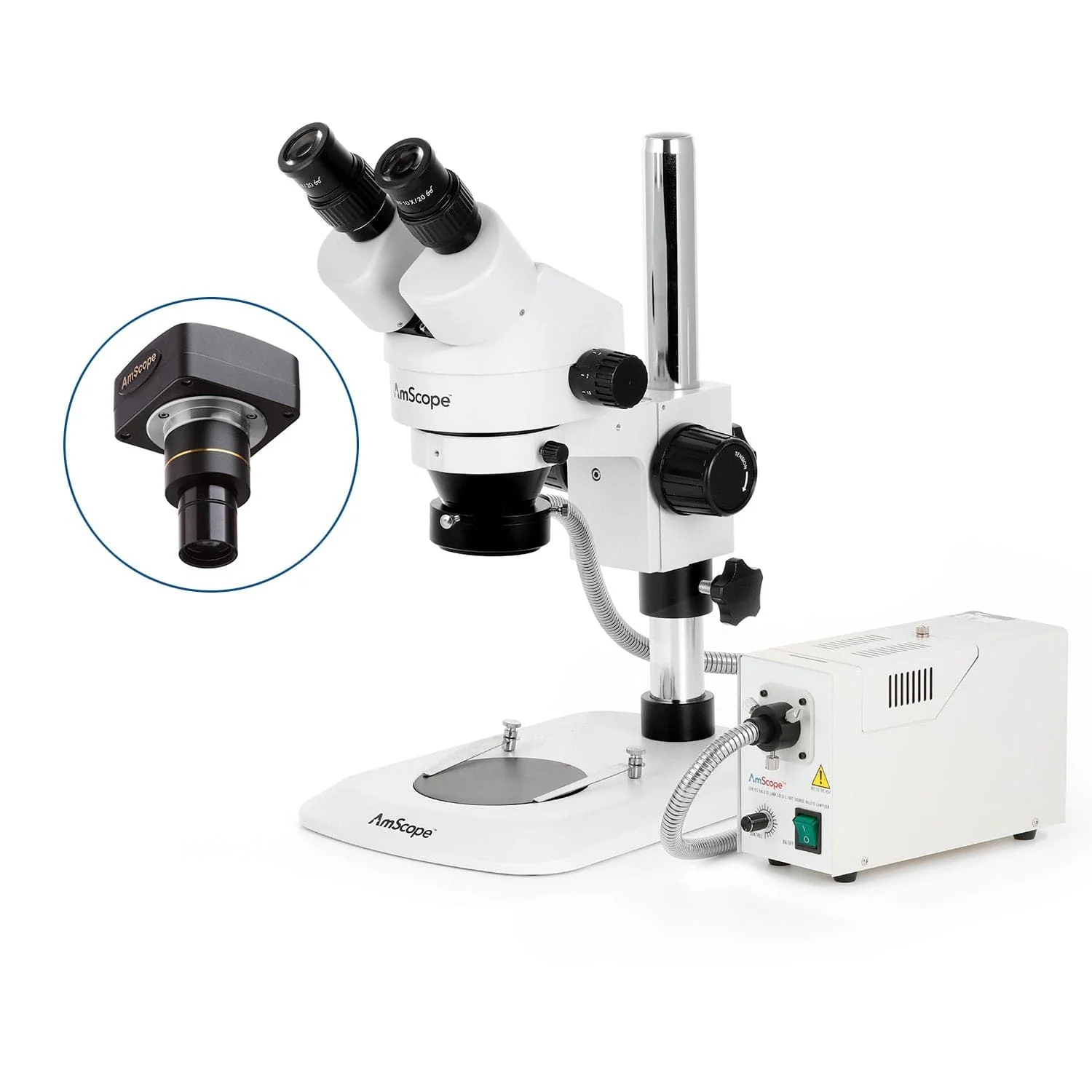 AmScope SM-1 Series Zoom Binocular Stereo Microscope with 150W Halogen Ring Light and Optional Digital Camera on Compact Pillar Stand - Image 2