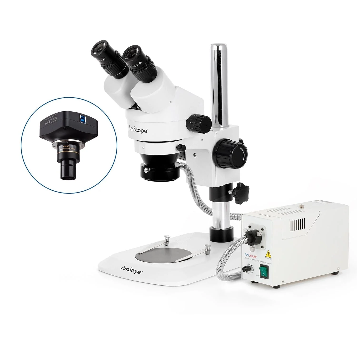 AmScope SM-1 Series Zoom Binocular Stereo Microscope with 150W Halogen Ring Light and Optional Digital Camera on Compact Pillar Stand - Image 4