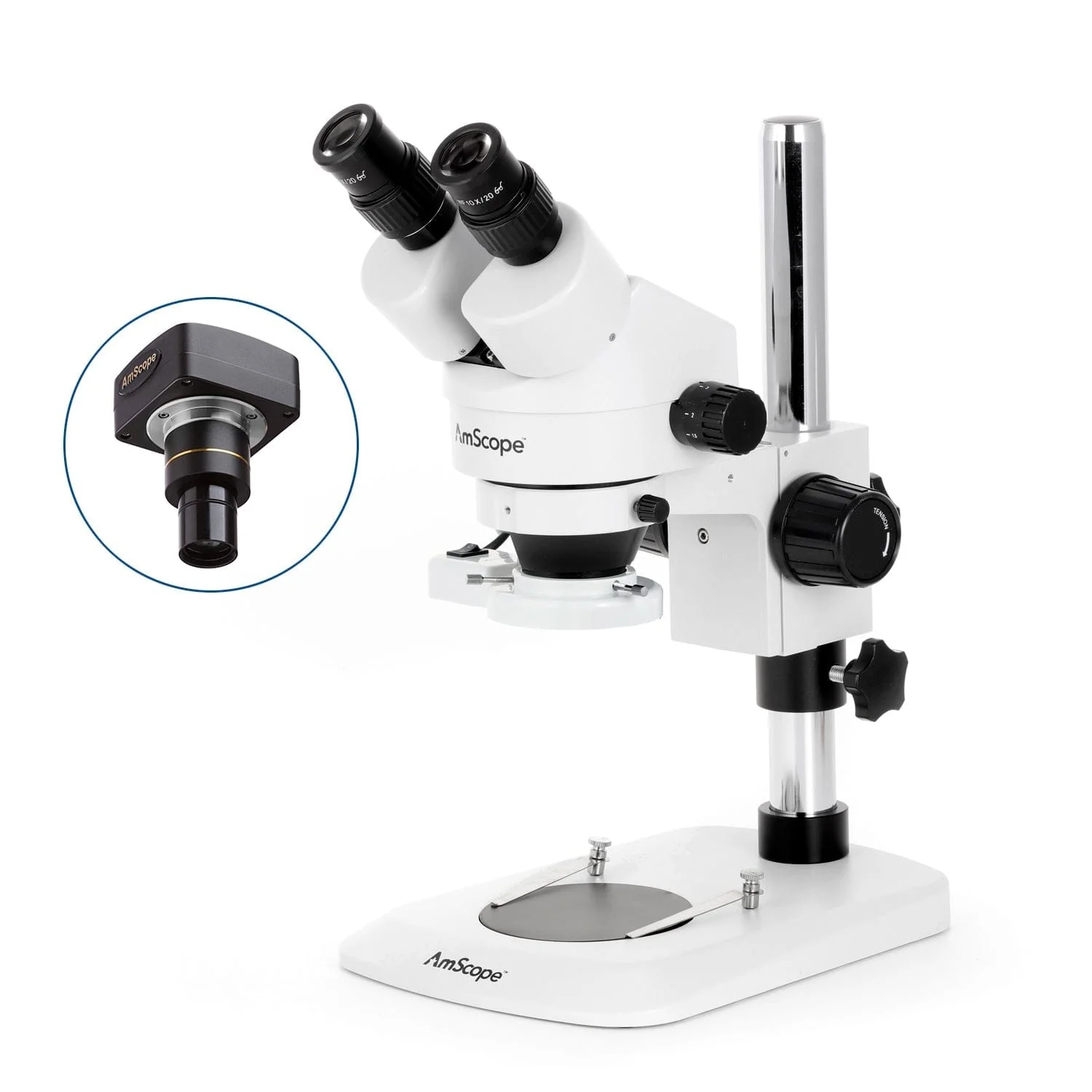 AmScope SM-1 Series Zoom Binocular Stereo Microscope with 8W Fluorescent Ring Light and Optional Digital Camera on Compact Pillar Stand - Image 2