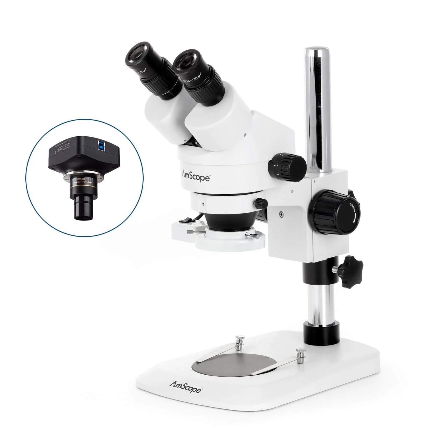 AmScope SM-1 Series Zoom Binocular Stereo Microscope with 8W Fluorescent Ring Light and Optional Digital Camera on Compact Pillar Stand - Image 4