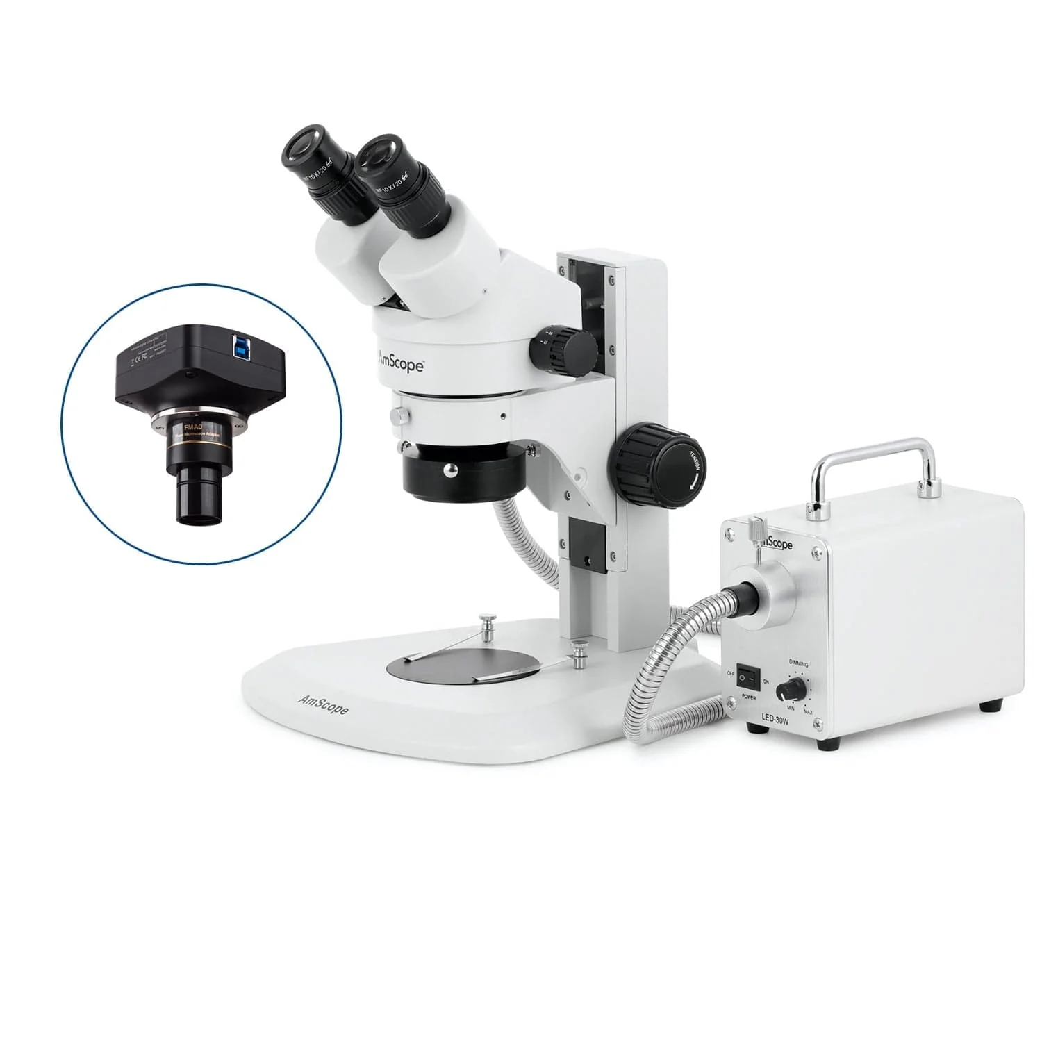 AmScope SM-1 Series Super Widefield Zoom Binocular Stereo Microscope with 30W LED Fiber Optic Ring Light and Optional Digital Camera on Track Stand - Image 4