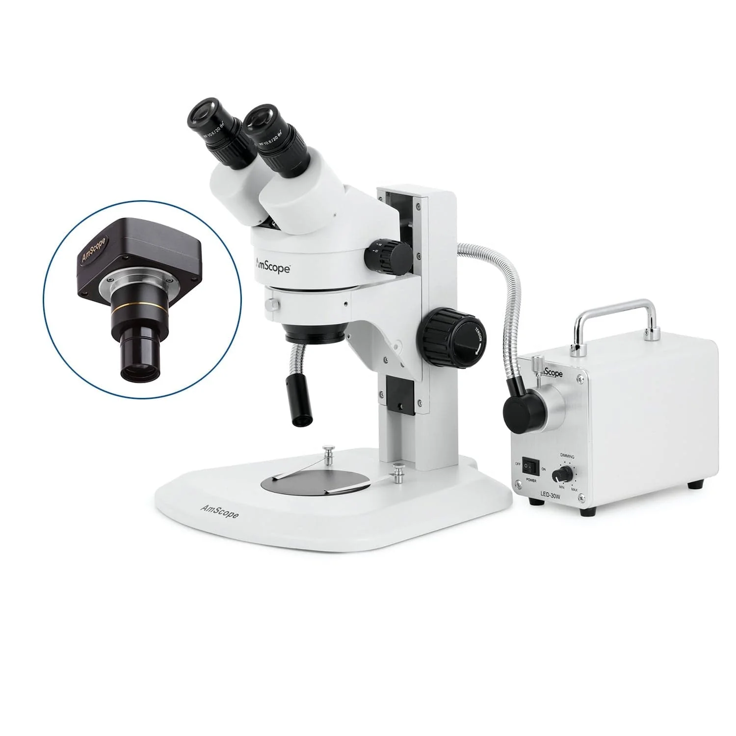 AmScope SM-1 Series Super Widefield Zoom Binocular Stereo Microscope with 30W LED Single Fiber Optic Gooseneck Light and Optional Digital Camera on Track Stand - Image 2