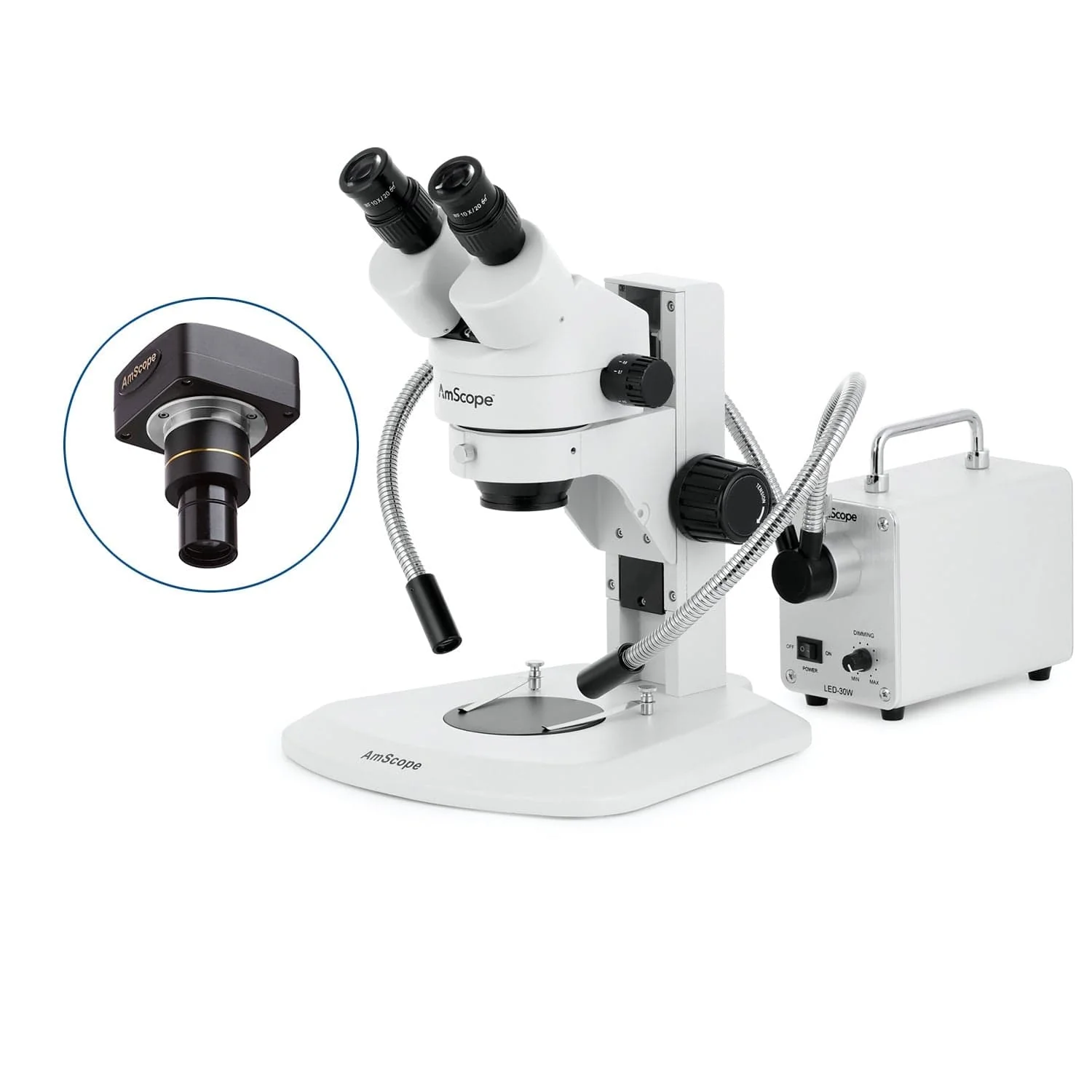 AmScope SM-1 Series Super Widefield Zoom Binocular Stereo Microscope with 30W LED Dual Gooseneck Fiber Optic Lights and Optional Digital Camera on Track Stand - Image 2
