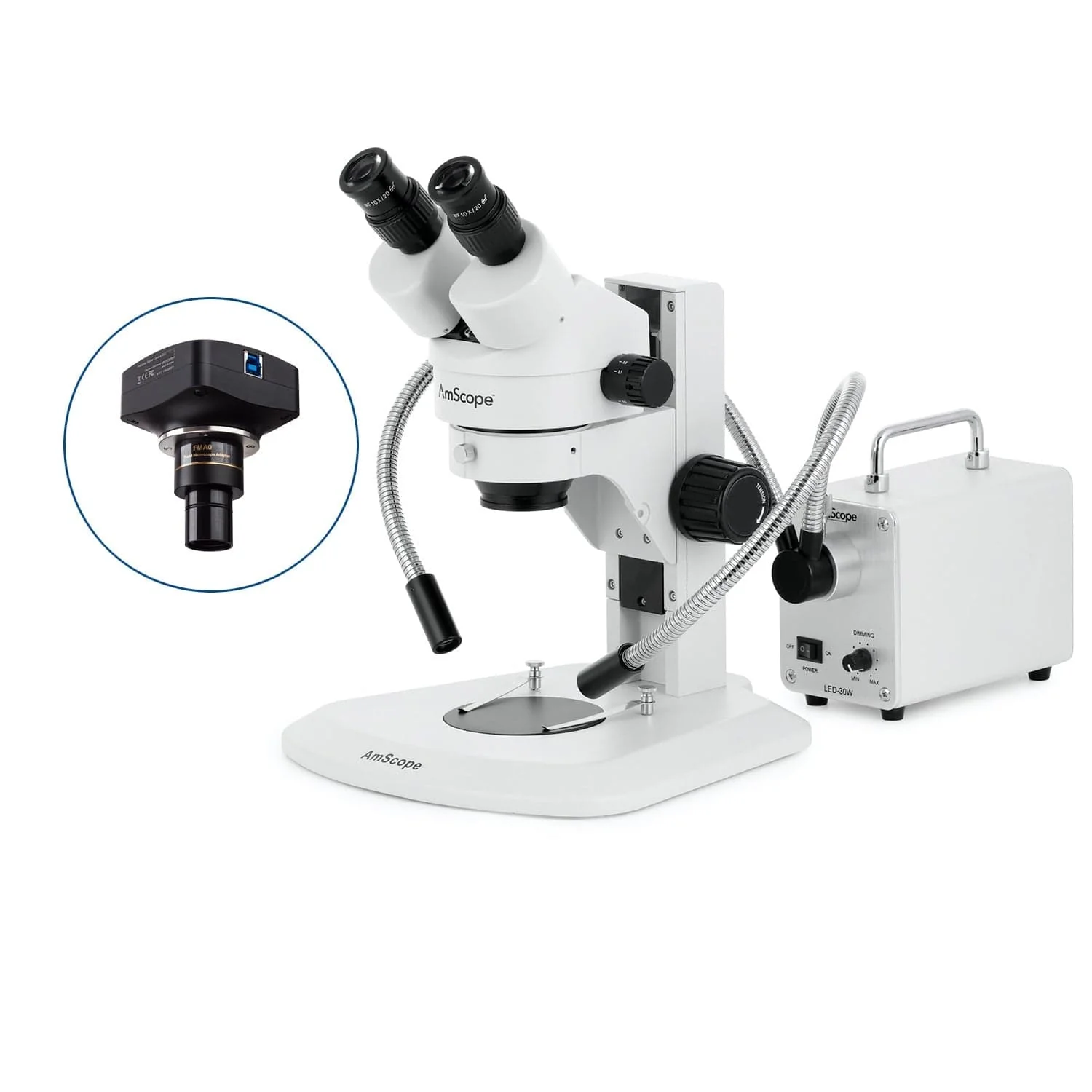 AmScope SM-1 Series Super Widefield Zoom Binocular Stereo Microscope with 30W LED Dual Gooseneck Fiber Optic Lights and Optional Digital Camera on Track Stand - Image 4