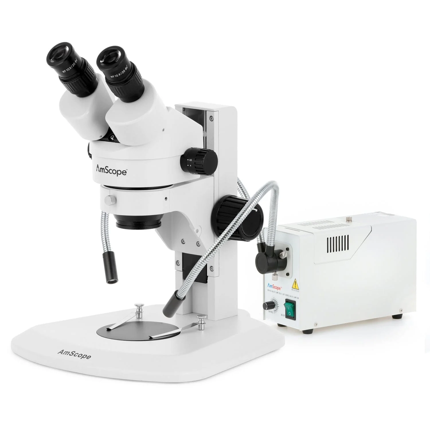 AmScope SM-1 Series Super Widefield Zoom Binocular Stereo Microscope with 150W Halogen Dual Fiber Gooseneck Lights and Optional Digital Camera on Track Stand