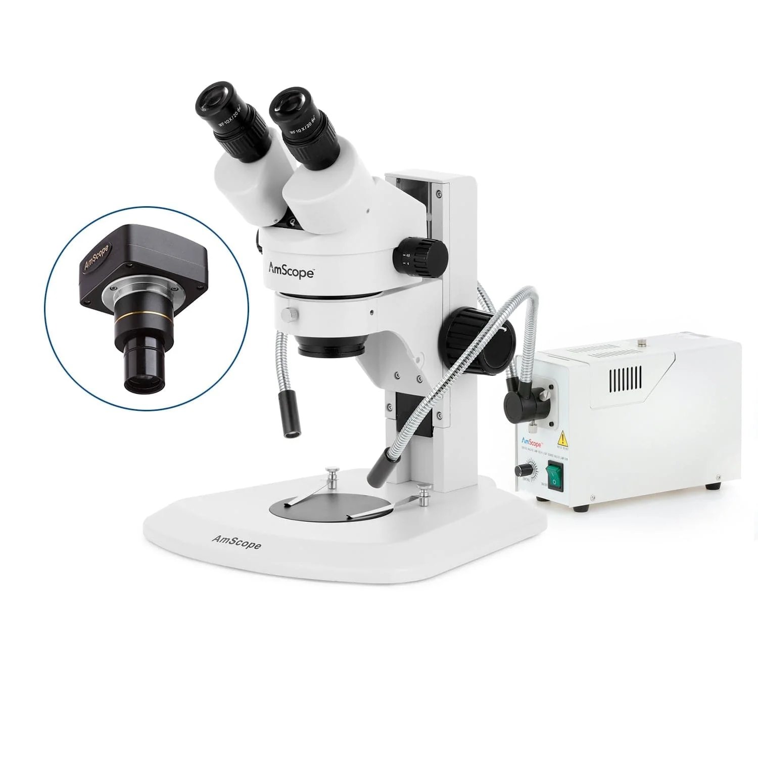 AmScope SM-1 Series Super Widefield Zoom Binocular Stereo Microscope with 150W Halogen Dual Fiber Gooseneck Lights and Optional Digital Camera on Track Stand - Image 2