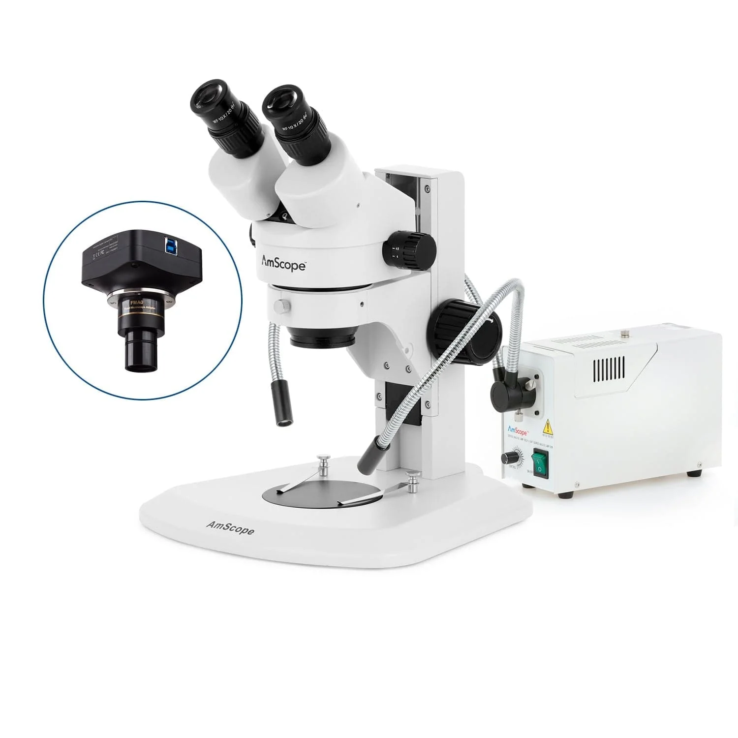AmScope SM-1 Series Super Widefield Zoom Binocular Stereo Microscope with 150W Halogen Dual Fiber Gooseneck Lights and Optional Digital Camera on Track Stand - Image 4