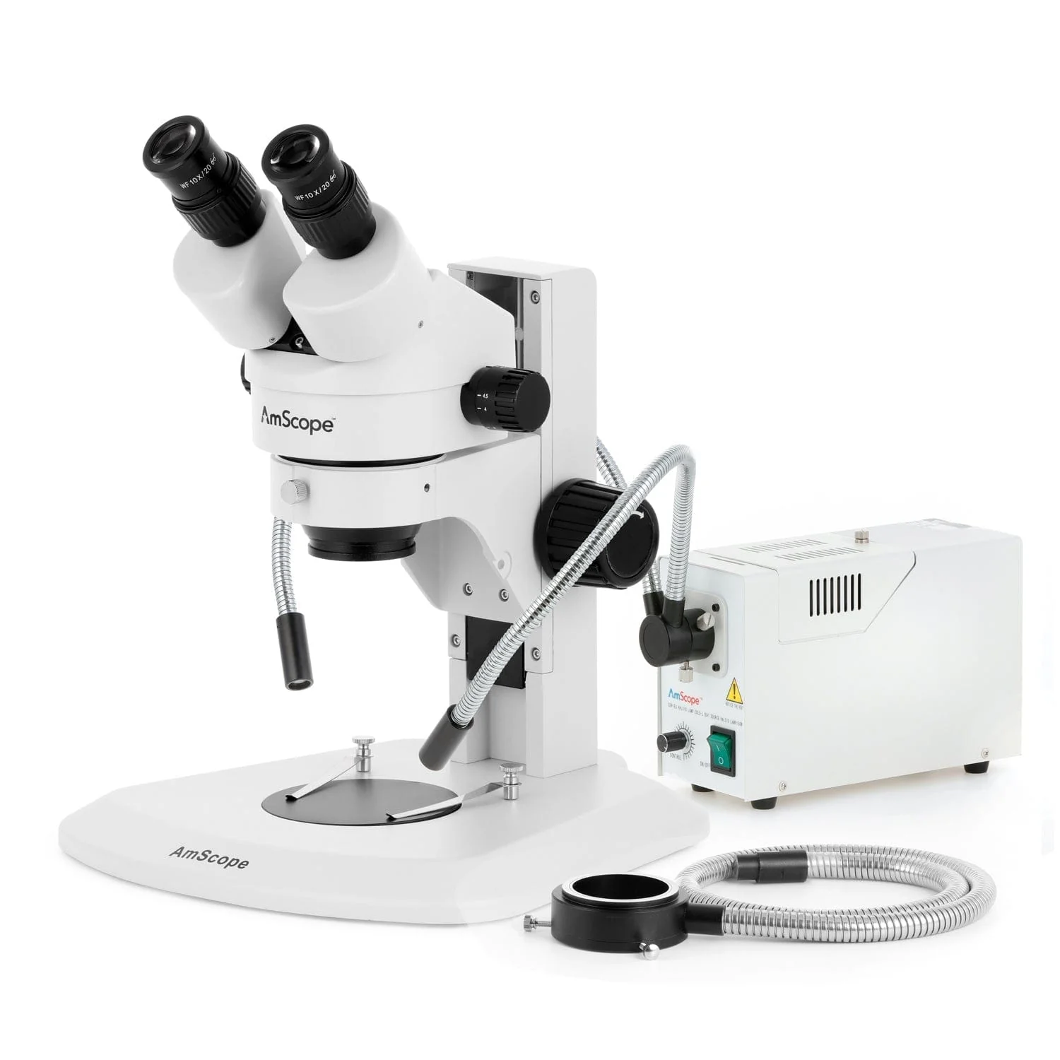 AmScope SM-1 Series Super Widefield Zoom Binocular Stereo Microscope with 150W Halogen Dual Gooseneck & Ring Lights and Optional Digital Camera on Track Stand