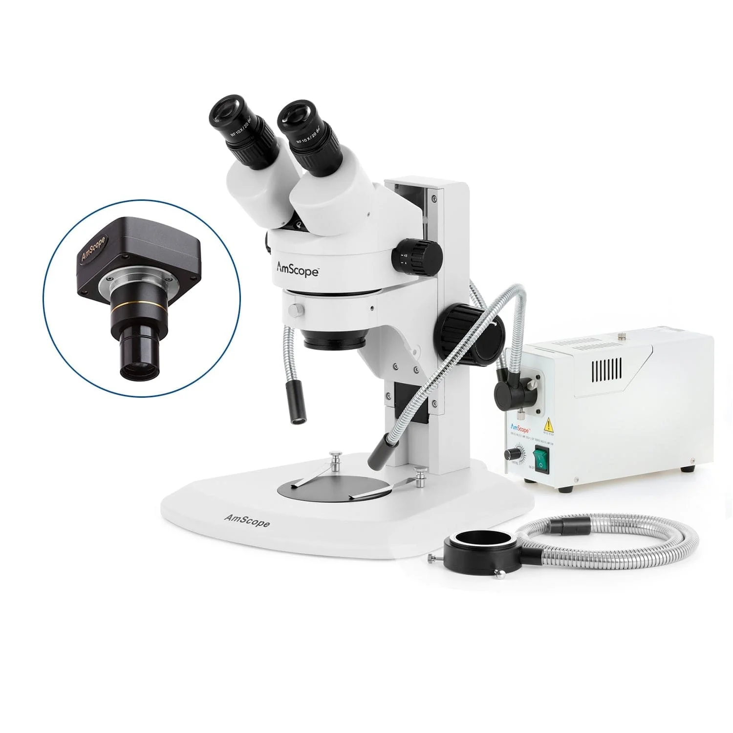 AmScope SM-1 Series Super Widefield Zoom Binocular Stereo Microscope with 150W Halogen Dual Gooseneck & Ring Lights and Optional Digital Camera on Track Stand - Image 2