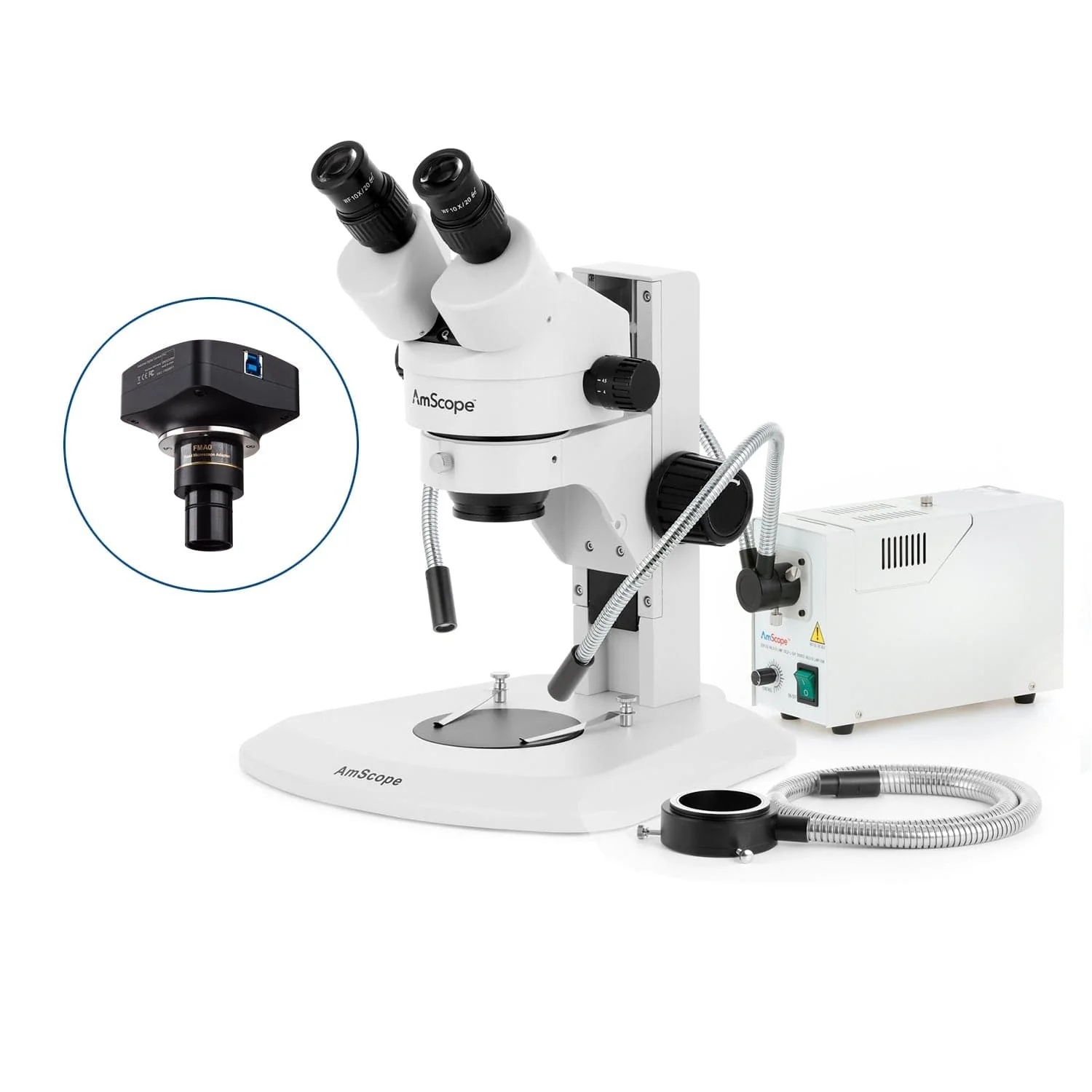 AmScope SM-1 Series Super Widefield Zoom Binocular Stereo Microscope with 150W Halogen Dual Gooseneck & Ring Lights and Optional Digital Camera on Track Stand - Image 4