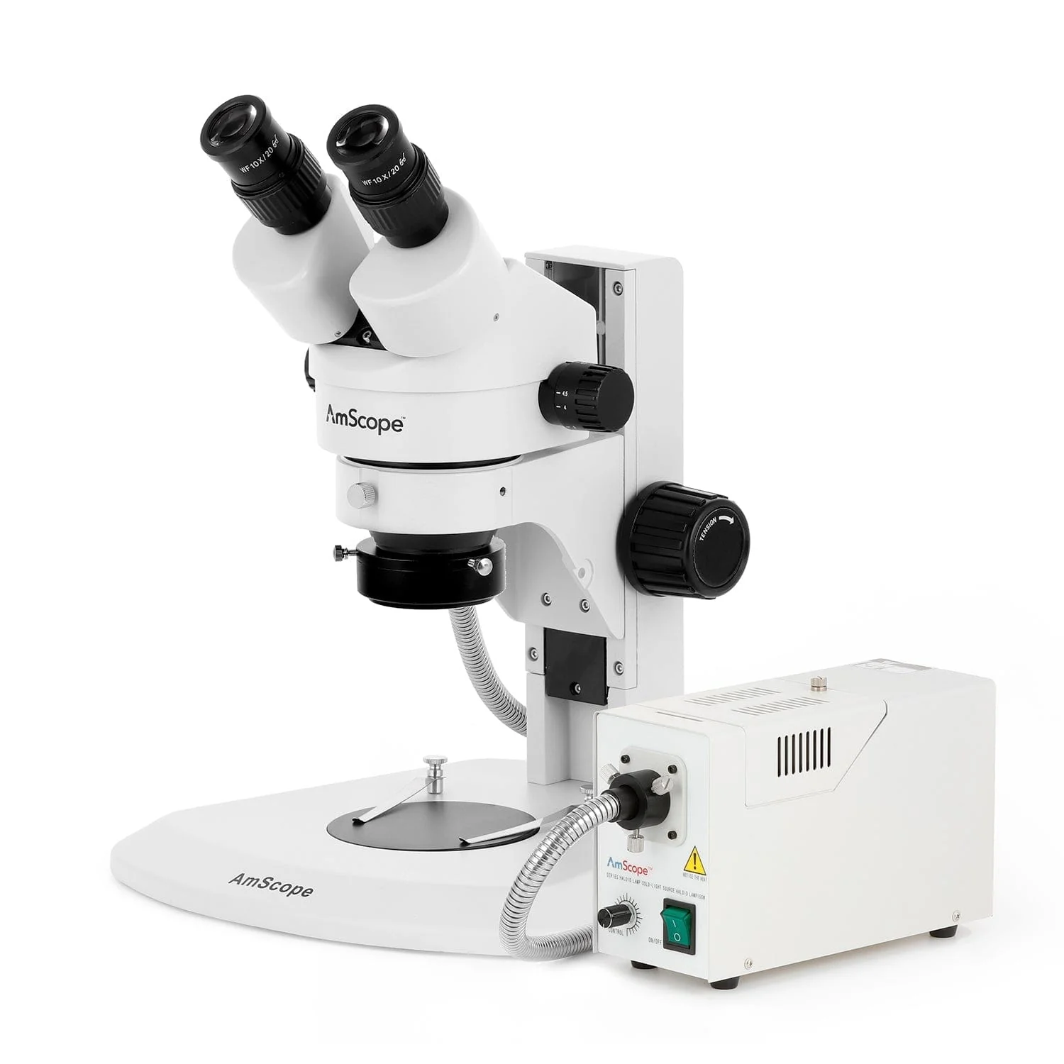 AmScope SM-1 Series Super Widefield Zoom Binocular Stereo Microscope with 150W Halogen Ring Light and Optional Digital Camera on Track Stand