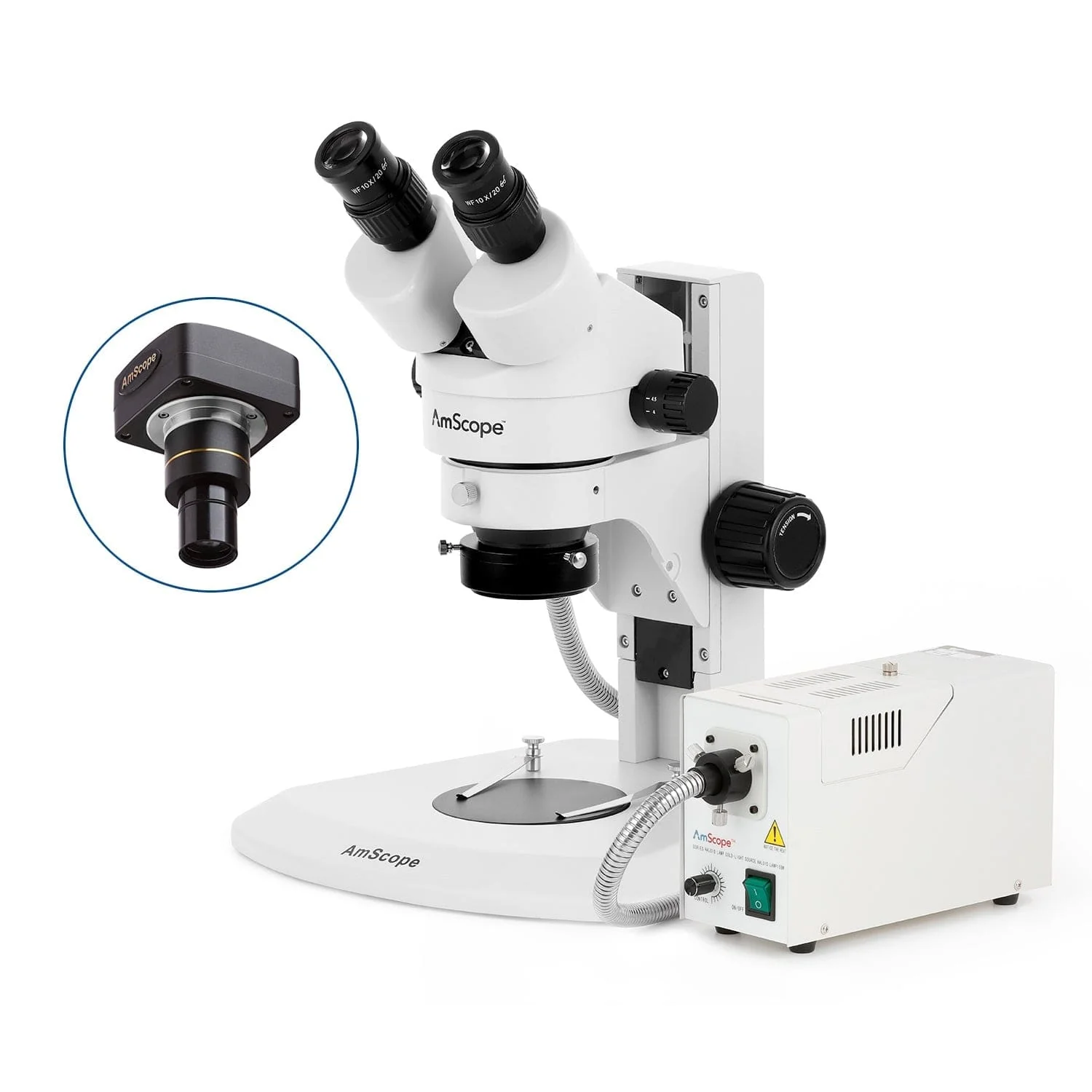 AmScope SM-1 Series Super Widefield Zoom Binocular Stereo Microscope with 150W Halogen Ring Light and Optional Digital Camera on Track Stand - Image 2