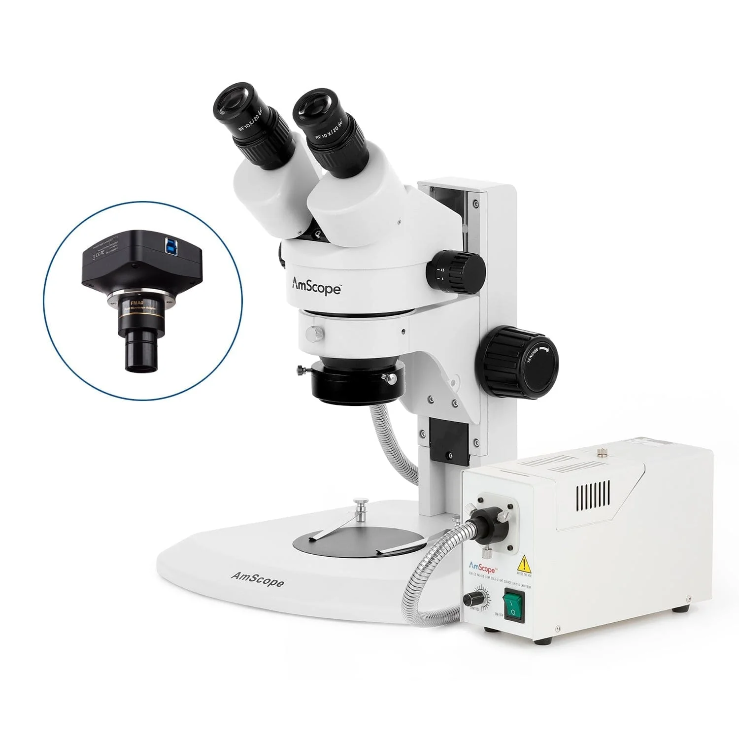AmScope SM-1 Series Super Widefield Zoom Binocular Stereo Microscope with 150W Halogen Ring Light and Optional Digital Camera on Track Stand - Image 4