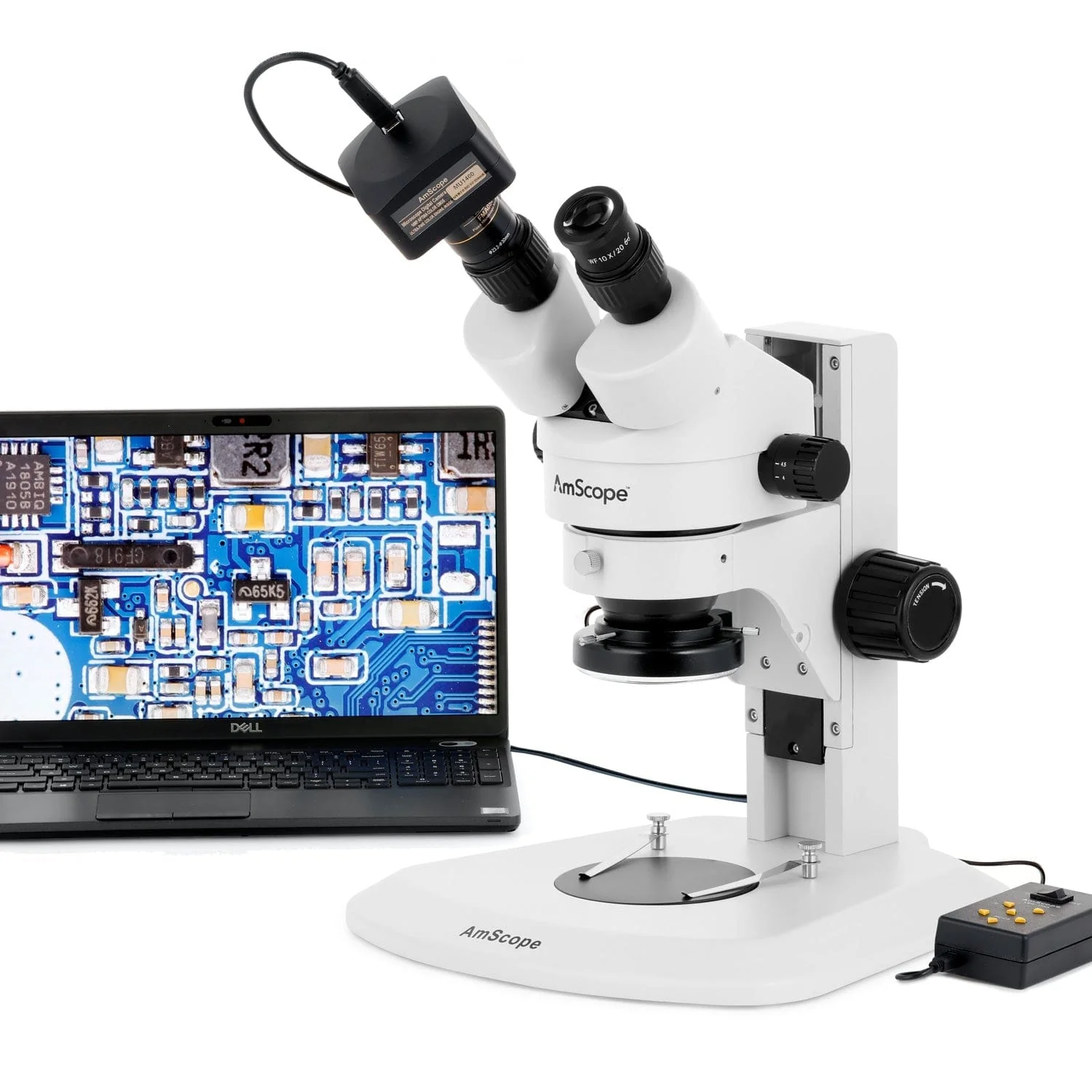 AmScope SM-1 Series Super Widefield Zoom Binocular Stereo Microscope with 150W Halogen Ring Light and Optional Digital Camera on Track Stand - Image 9