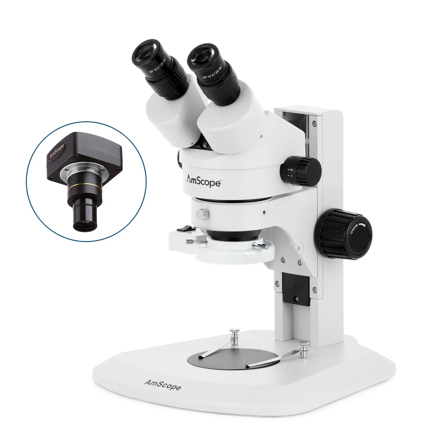 AmScope SM-1 Series Super Widefield Zoom Binocular Stereo Microscope with 8W Fluorescent Ring Light and Optional Digital Camera on Track Stand - Image 2