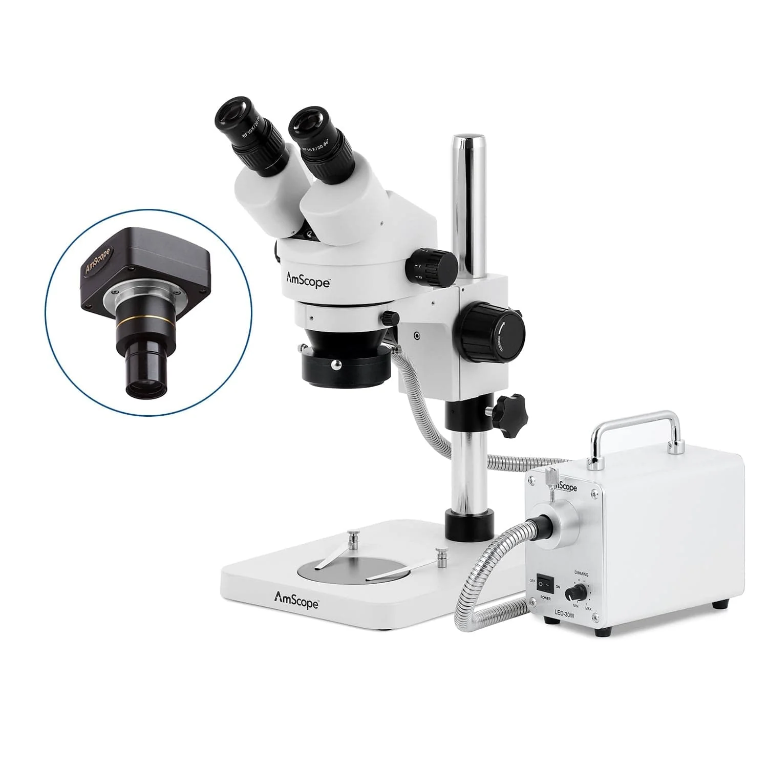 AmScope SM-1 Series Inspection and Dissecting Zoom Binocular Stereo Microscope with 30W LED Fiber Optic Ring Light and Optional Digital Camera on Compact Pillar Stand - Image 2