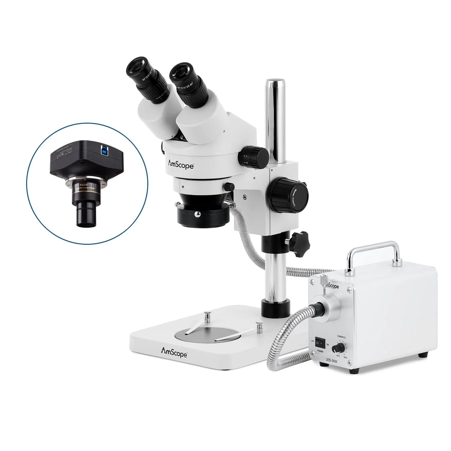 AmScope SM-1 Series Inspection and Dissecting Zoom Binocular Stereo Microscope with 30W LED Fiber Optic Ring Light and Optional Digital Camera on Compact Pillar Stand - Image 4